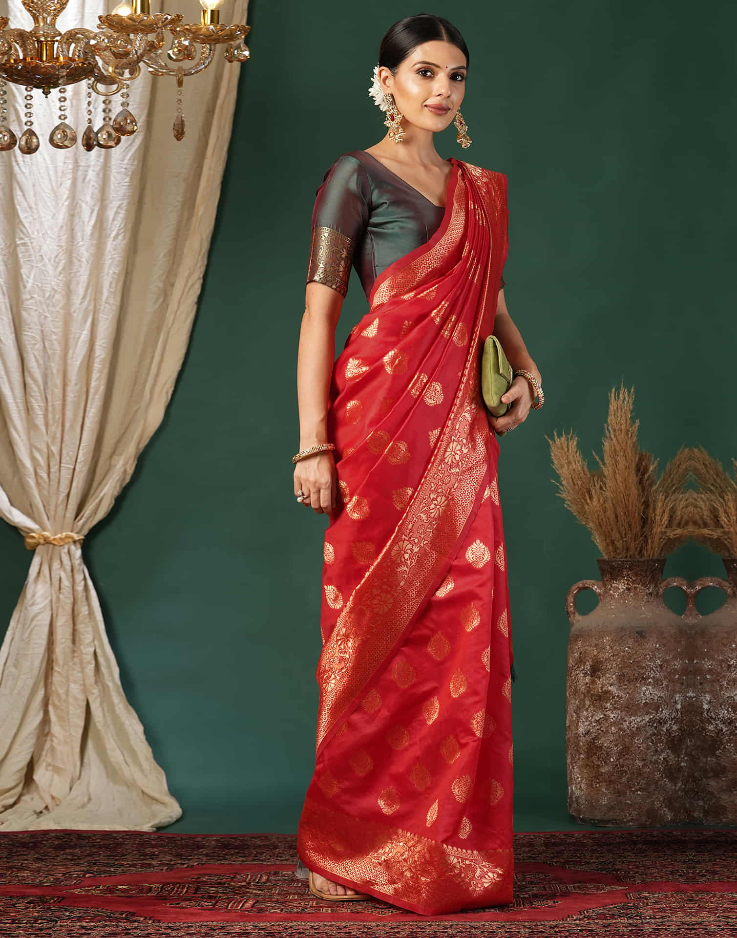 Red Silk Blend Woven Banarasi Saree