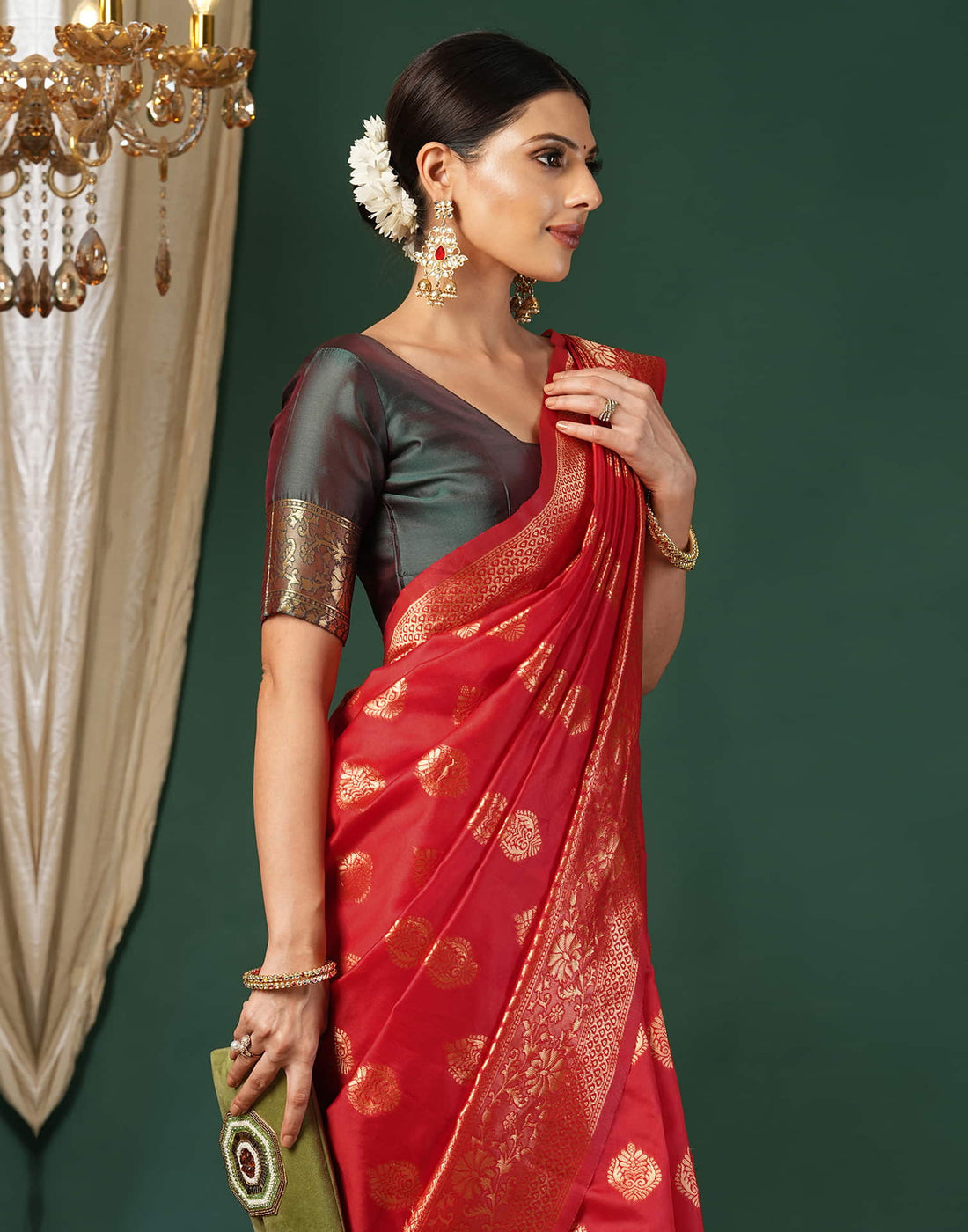 Red Silk Blend Woven Banarasi Saree