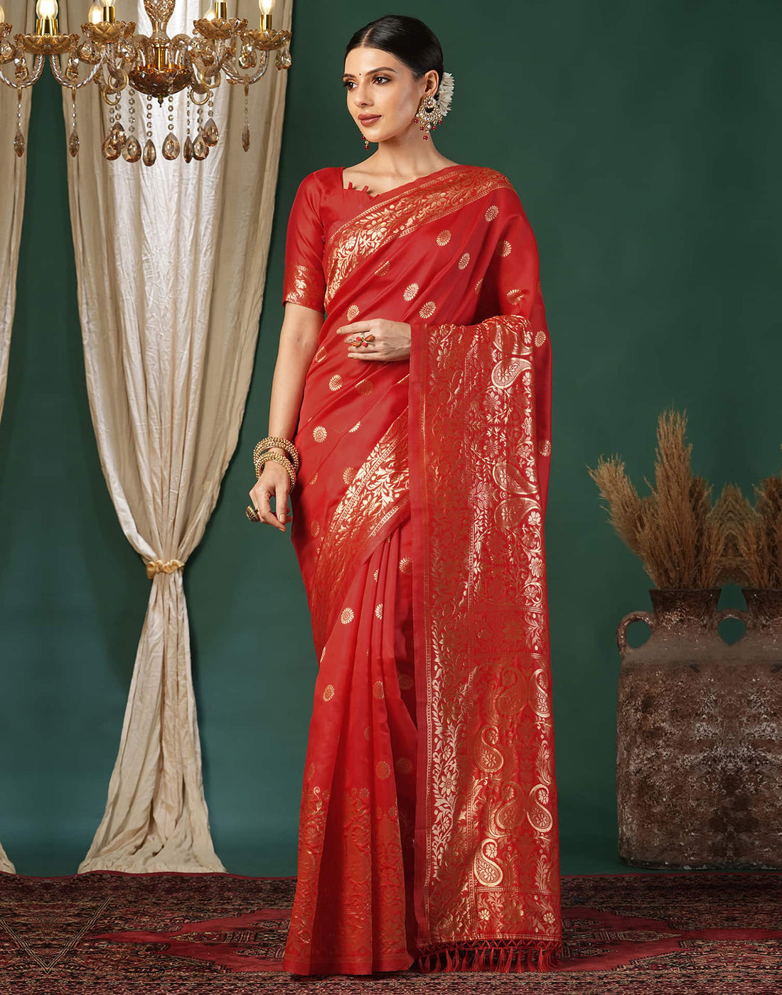 Red Silk Blend Woven Banarasi Saree