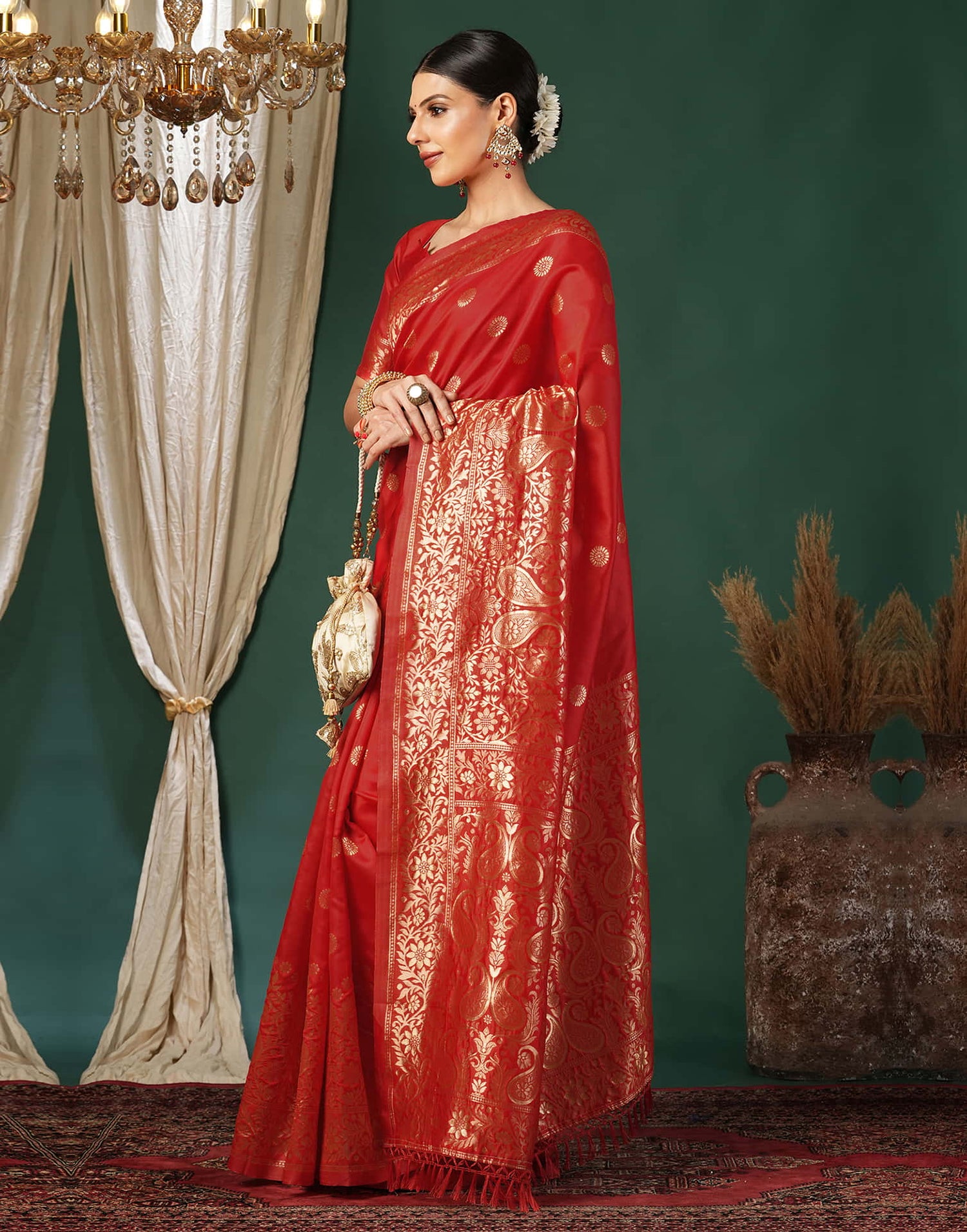 Red Silk Blend Woven Banarasi Saree