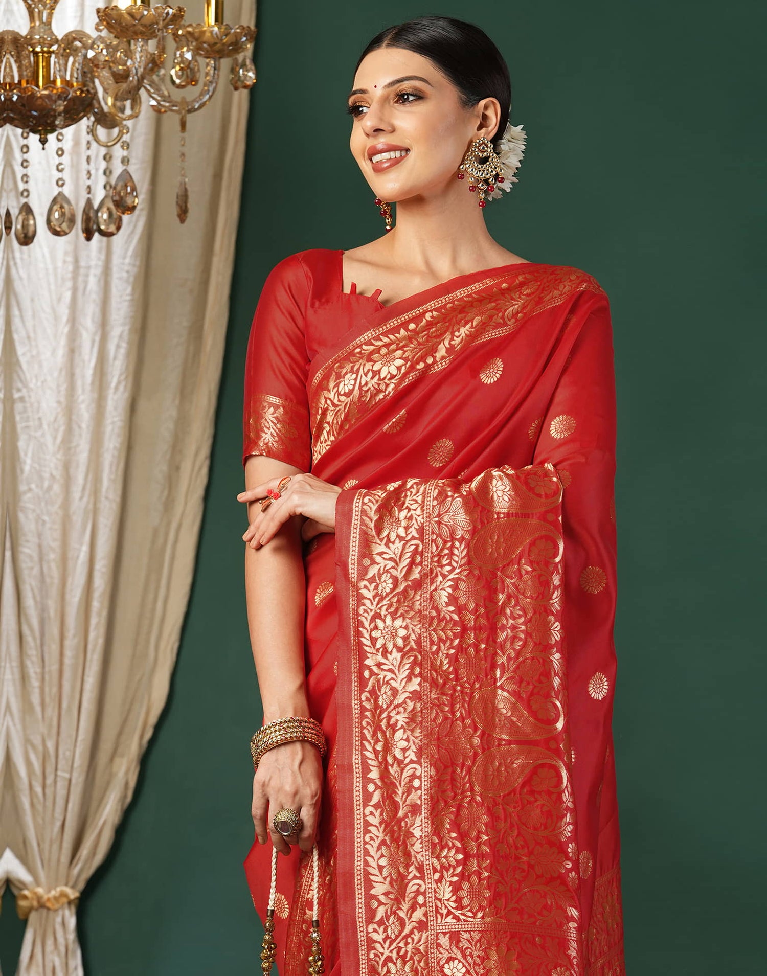 Red Silk Blend Woven Banarasi Saree