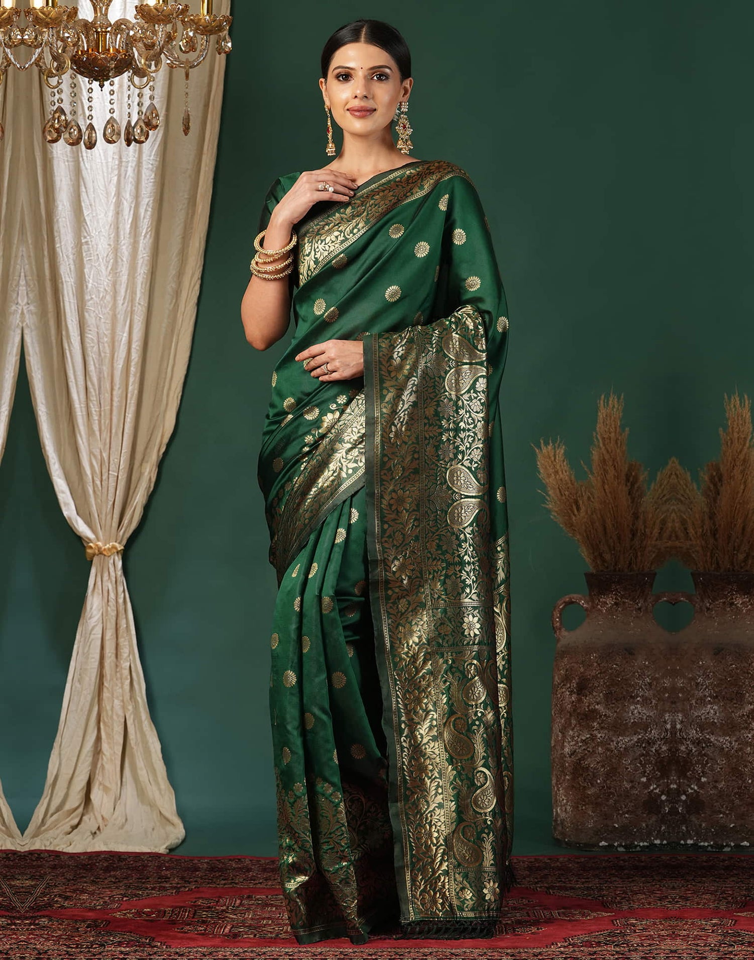 Green Silk Blend Woven Banarasi Saree