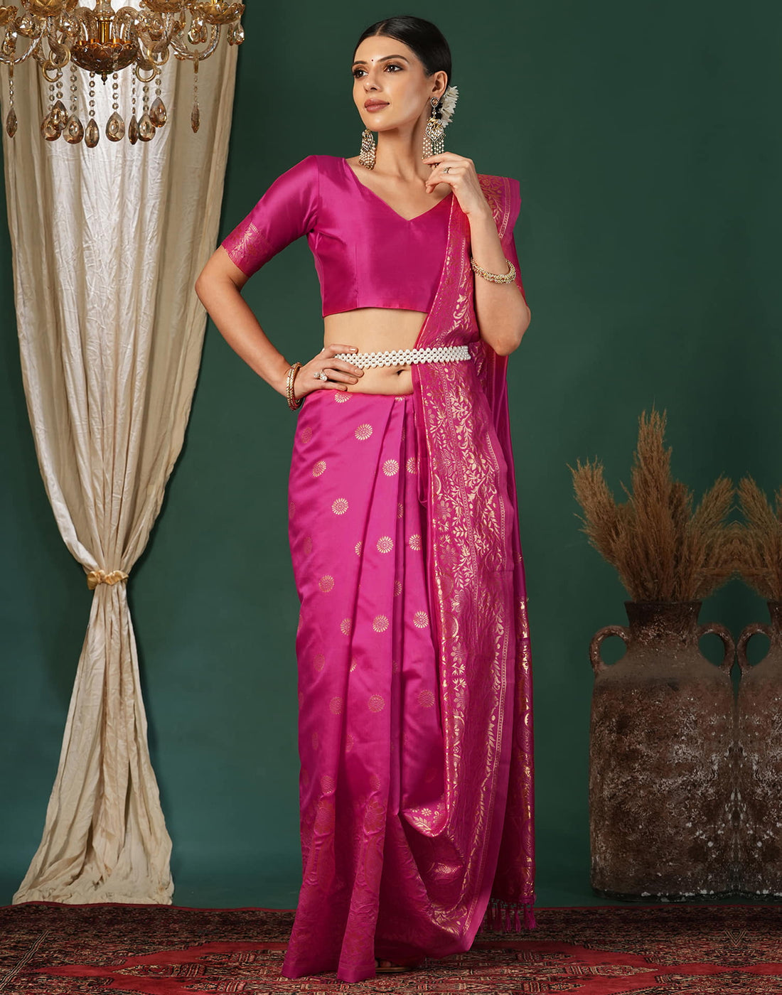 Pink Silk Blend Woven Banarasi Saree