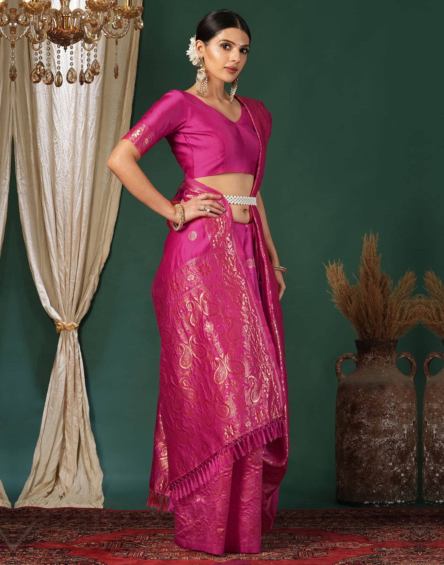 Pink Silk Blend Woven Banarasi Saree