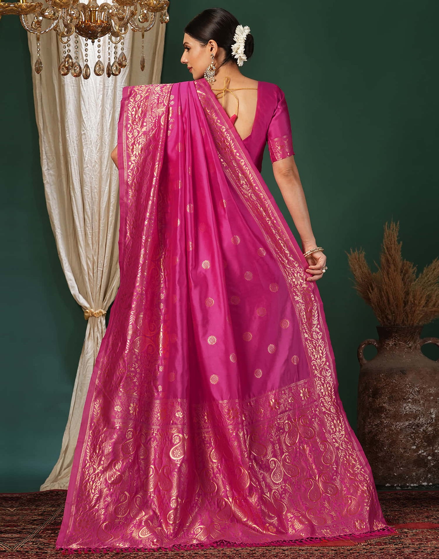 Pink Silk Blend Woven Banarasi Saree