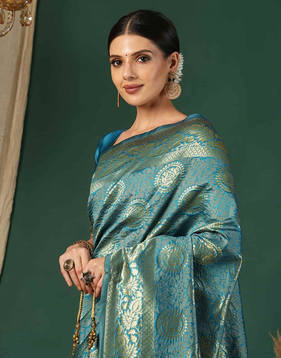 Teal Blue Silk Weaving Banarasi Saree