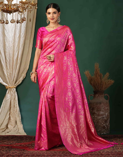 Pink Silk Blend Woven Banarasi Saree