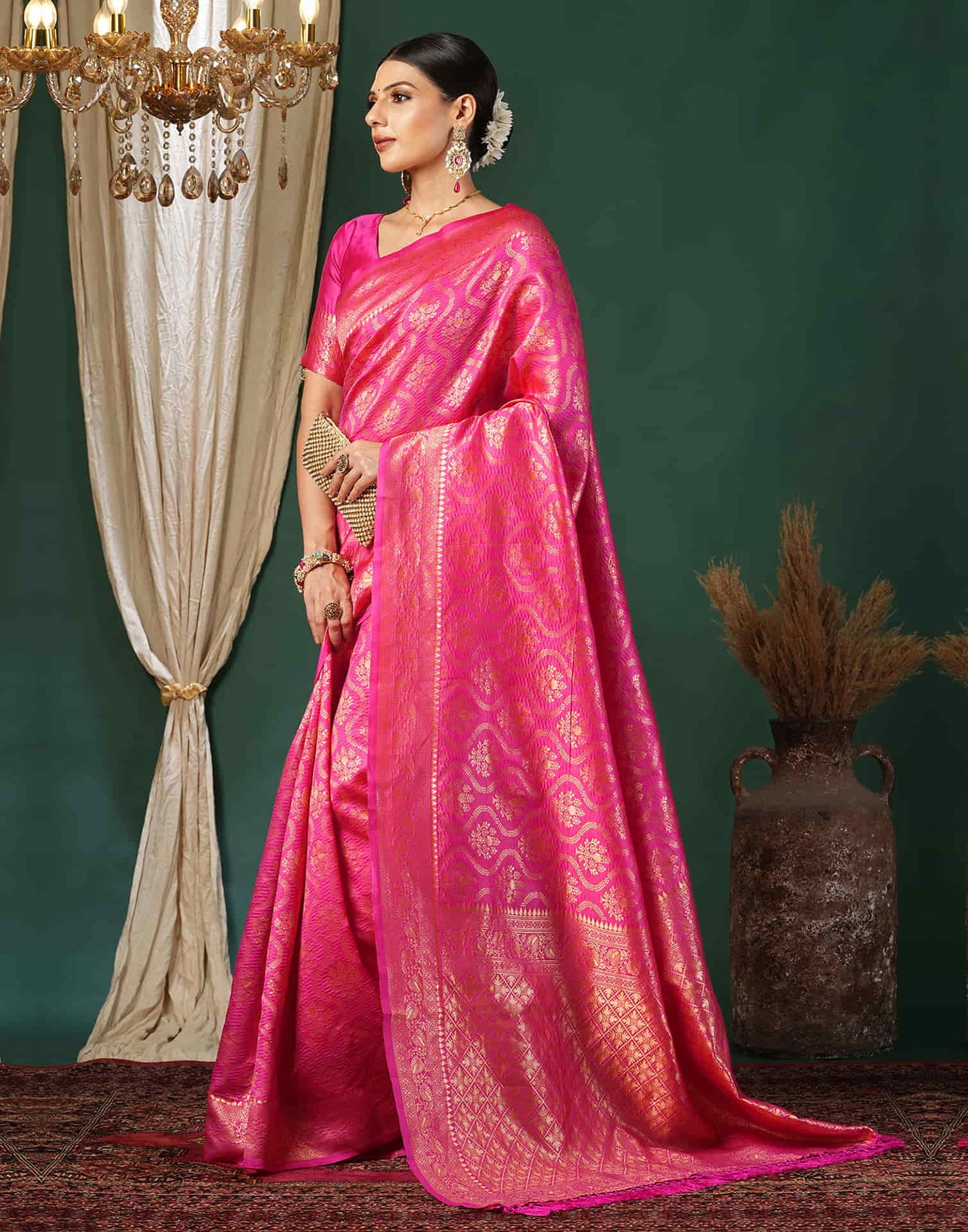 Pink Silk Blend Woven Banarasi Saree