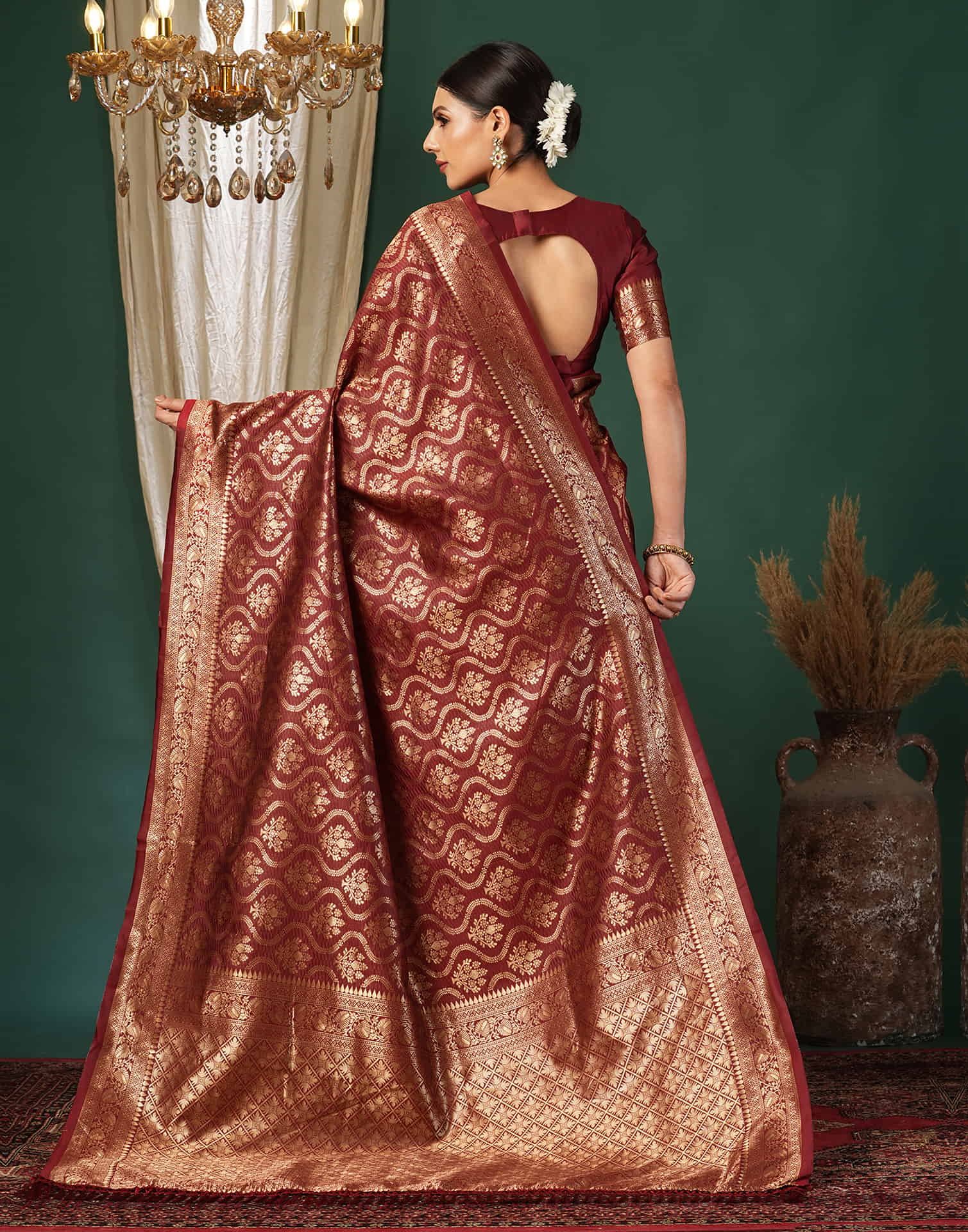 Maroon Silk Blend Woven Banarasi Saree