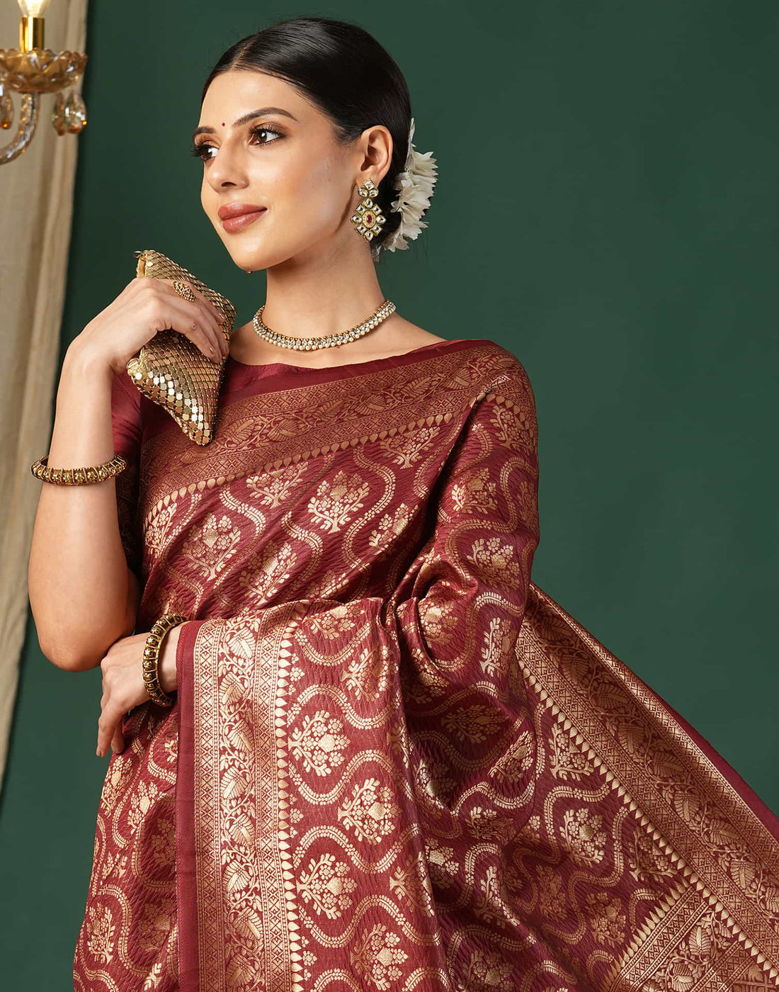 Maroon Silk Blend Woven Banarasi Saree