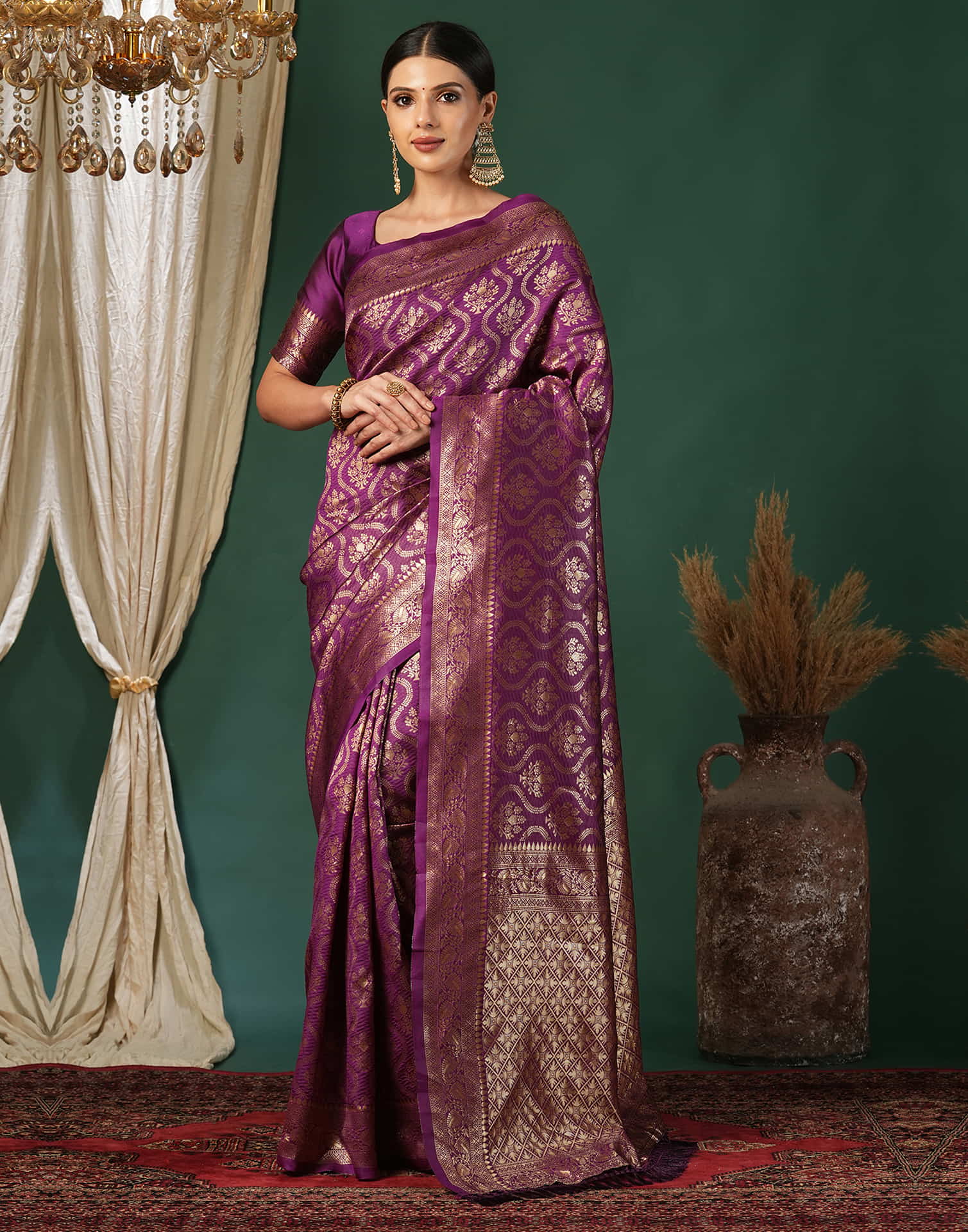 Purple Silk Blend Woven Banarasi Saree