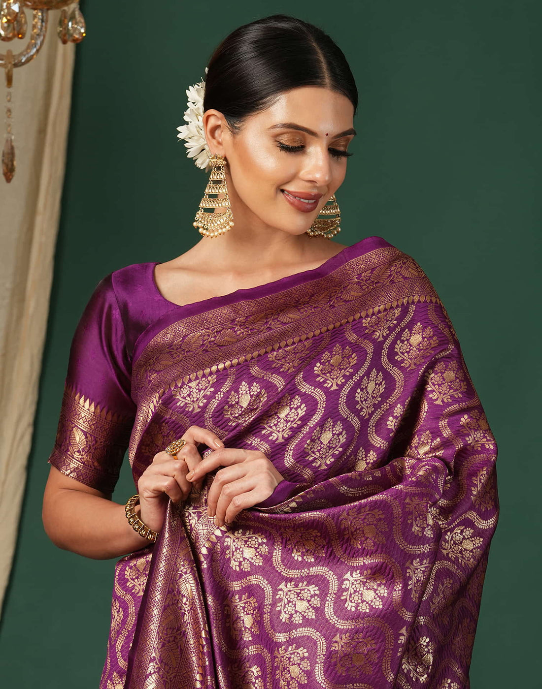 Purple Silk Blend Woven Banarasi Saree