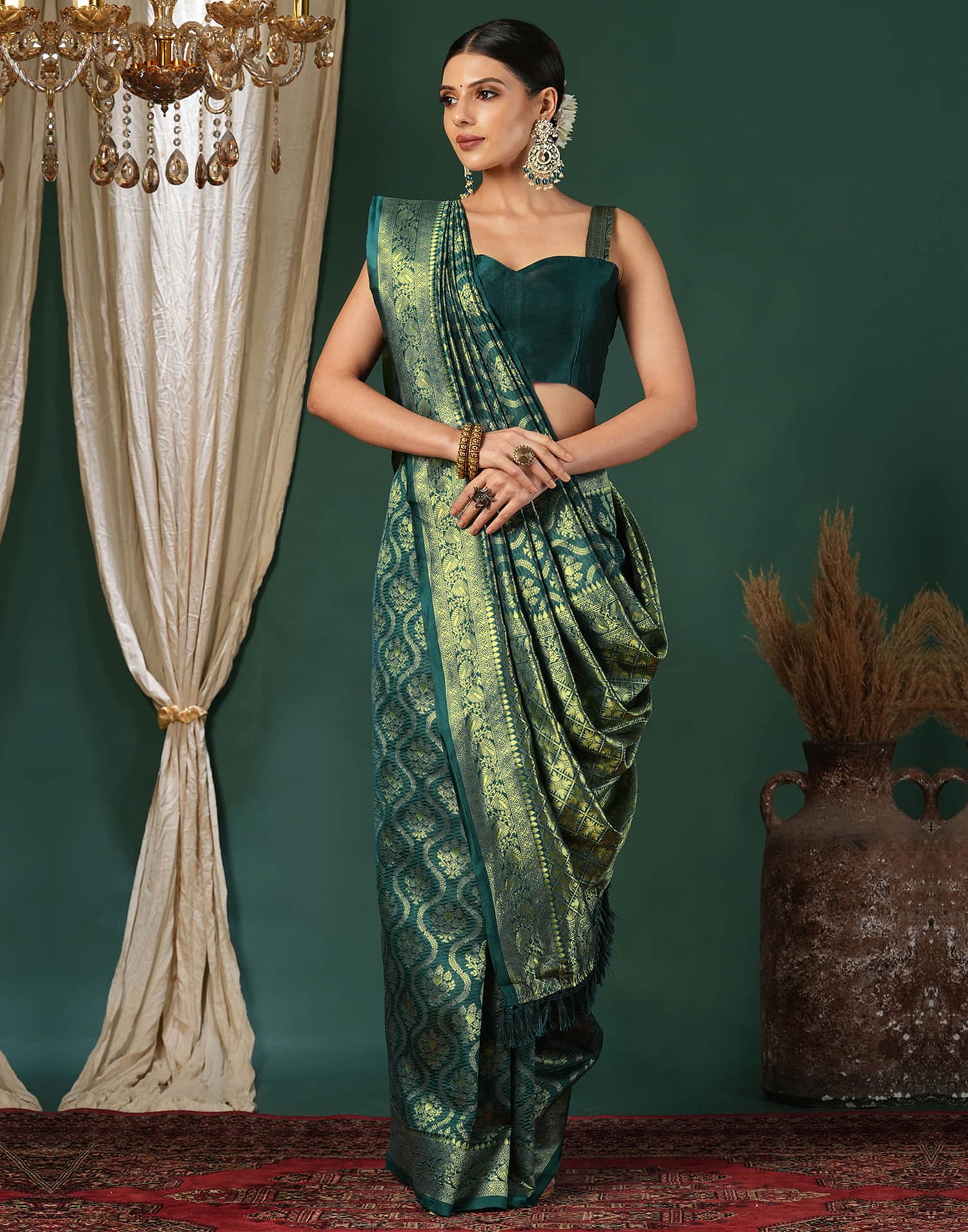 Green Silk Blend Woven Banarasi Saree