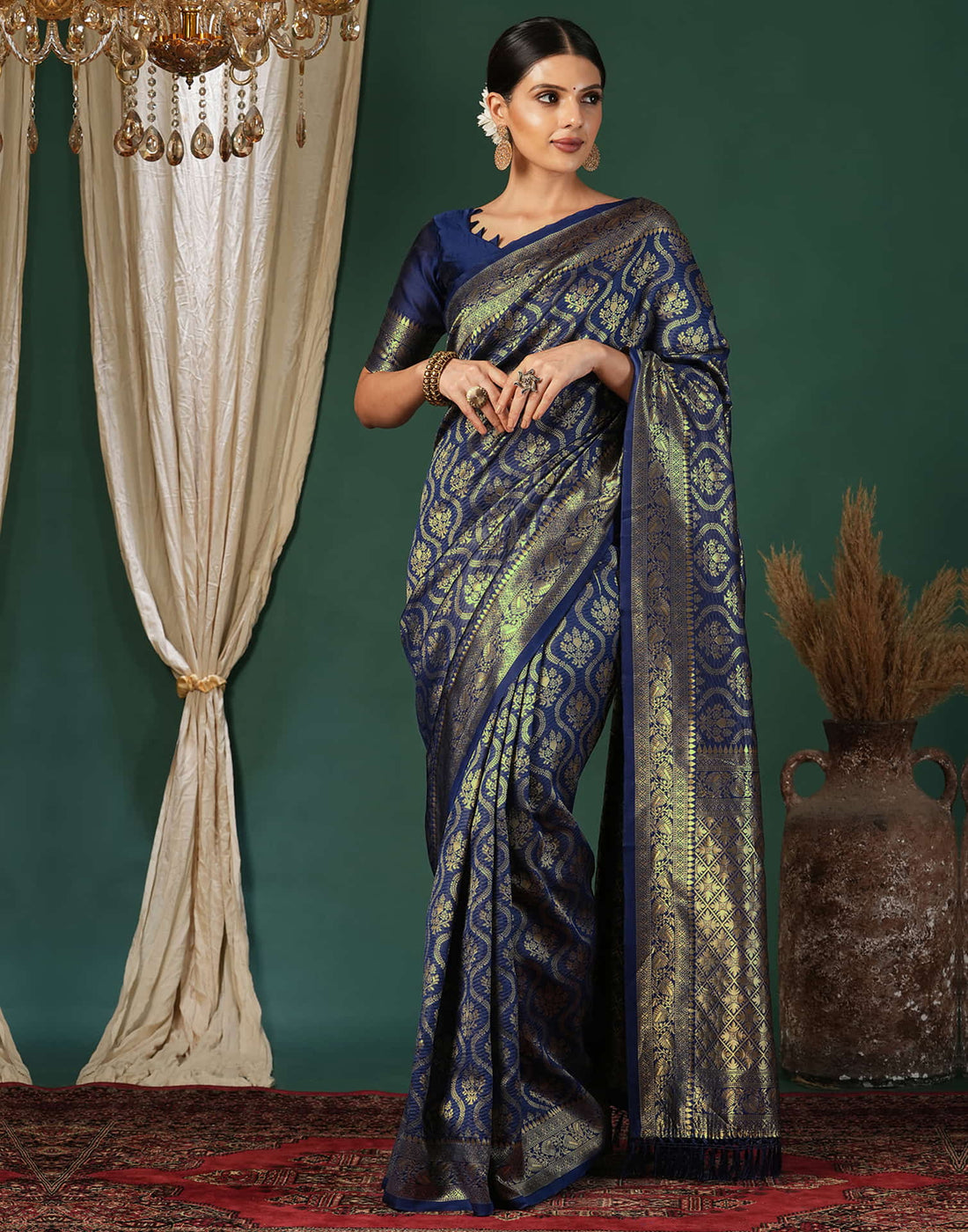 Blue Silk Blend Woven Banarasi Saree