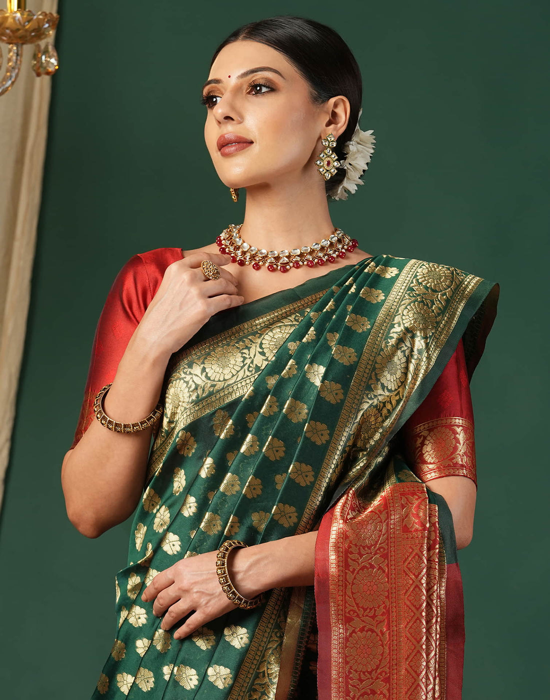 Green Silk Blend Woven Banarasi Saree