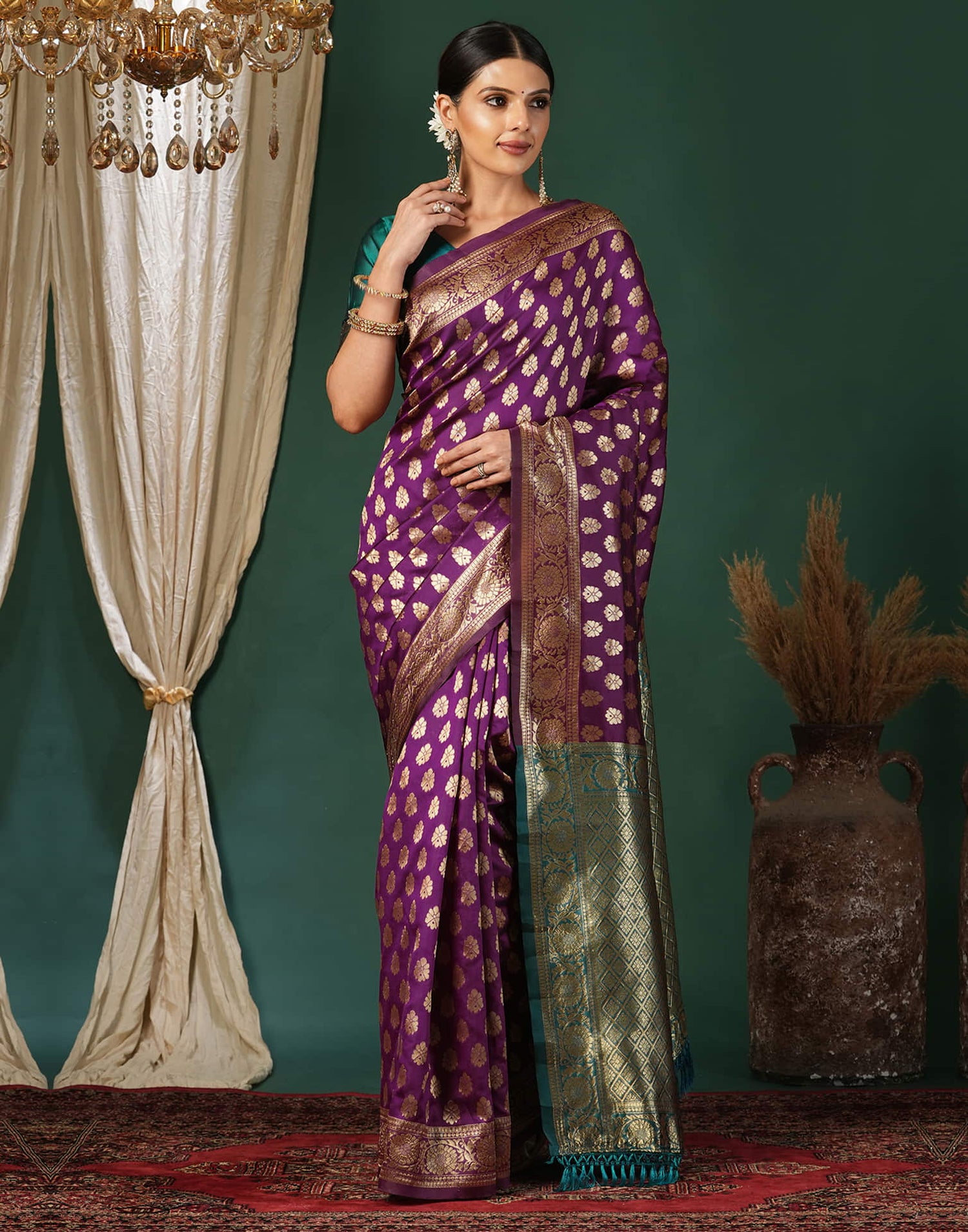 Purple Silk Blend Woven Banarasi Saree