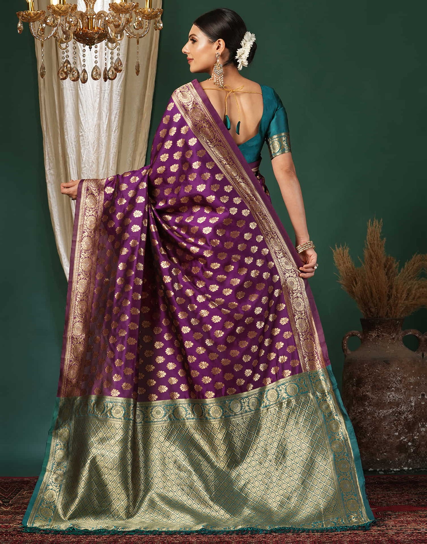 Purple Silk Blend Woven Banarasi Saree