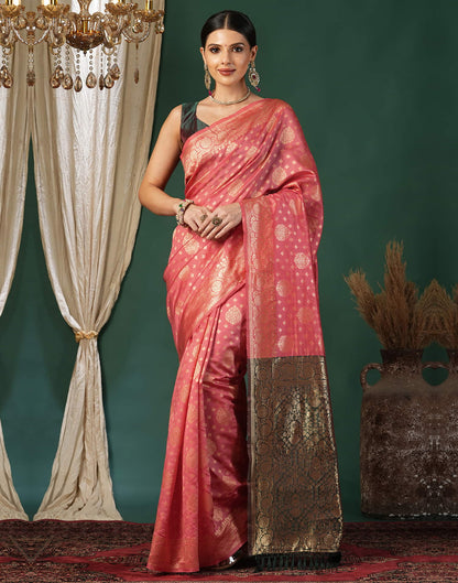 Pink Silk Blend Woven Banarasi Saree