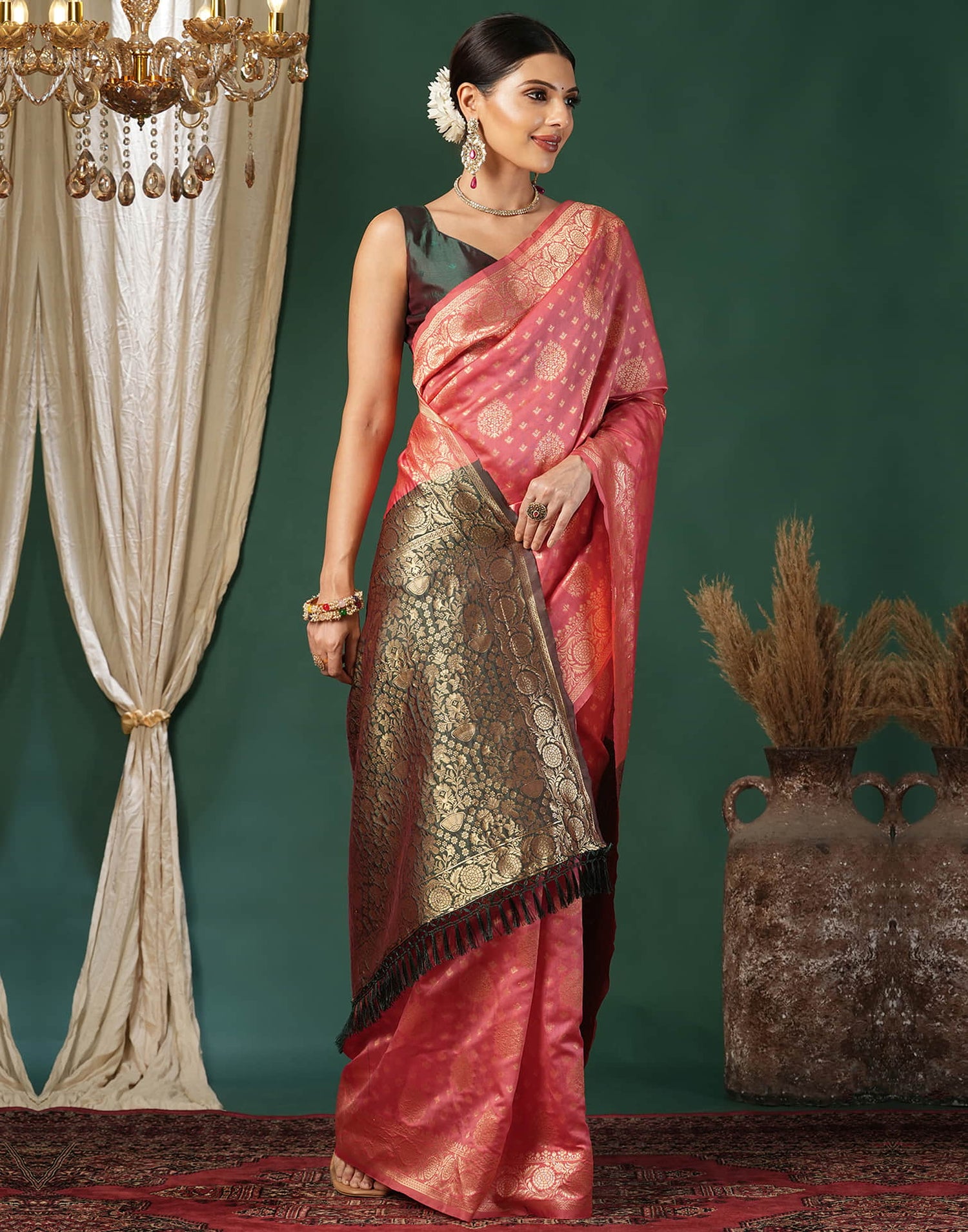 Pink Silk Blend Woven Banarasi Saree