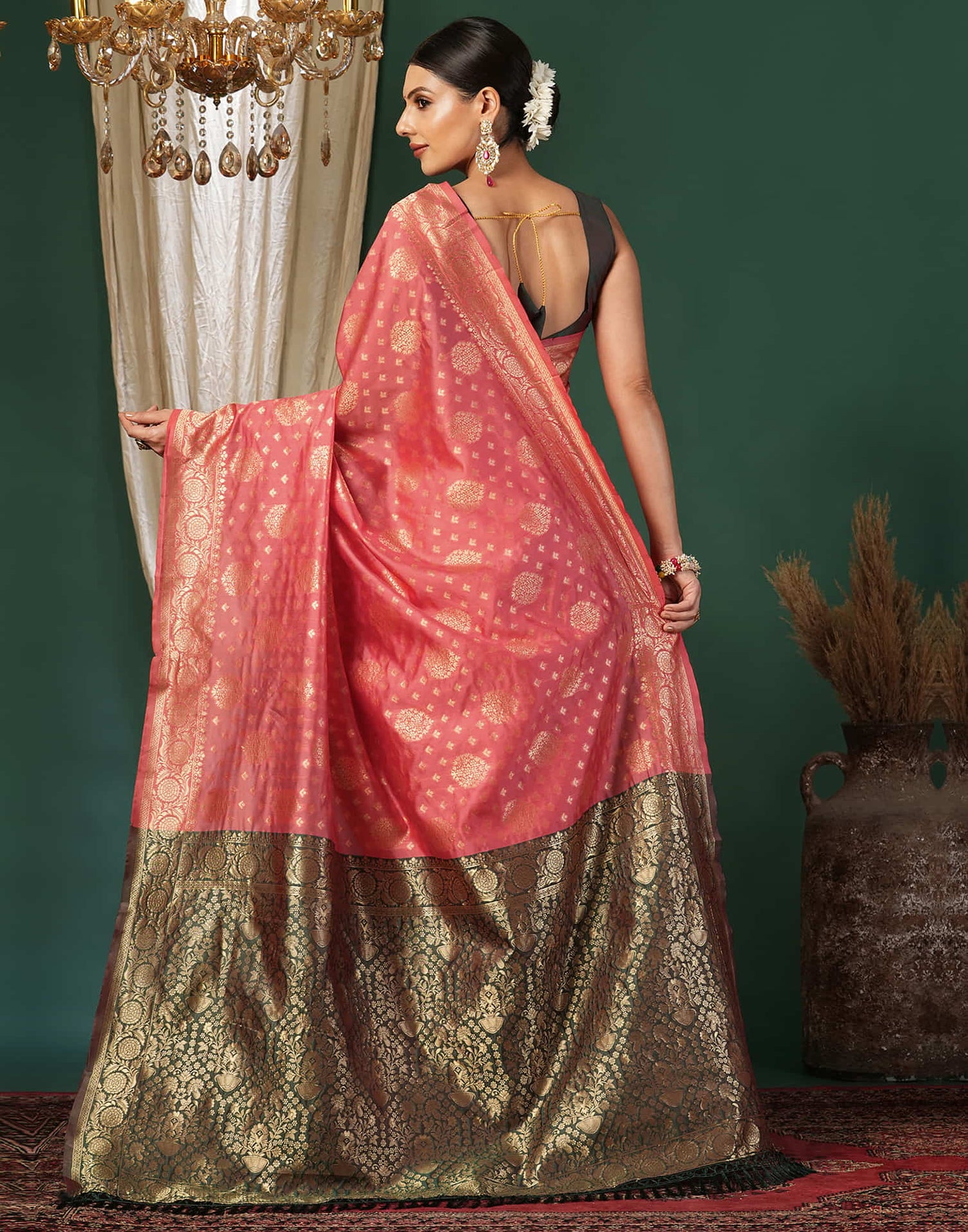 Pink Silk Blend Woven Banarasi Saree