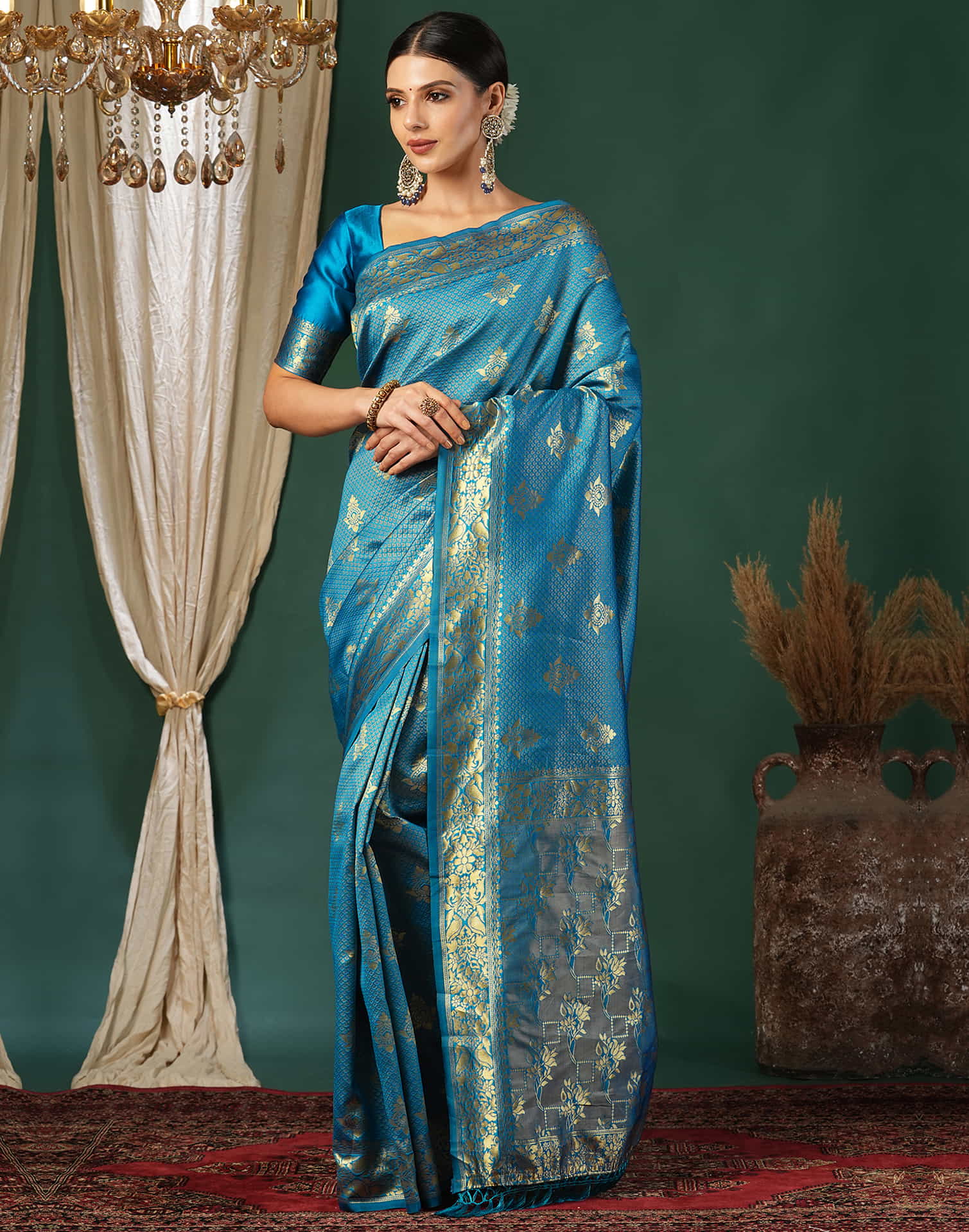 Blue Silk Blend Woven Banarasi Saree