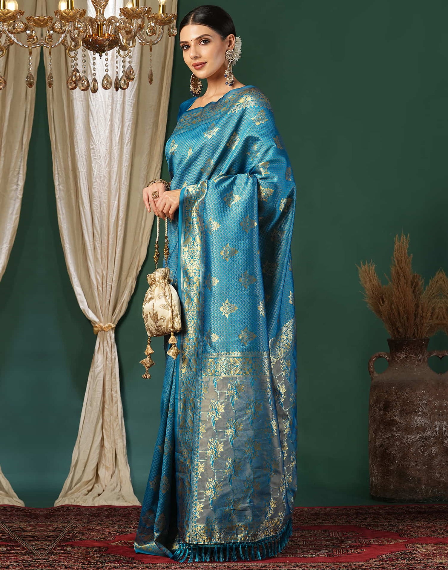 Blue Silk Blend Woven Banarasi Saree