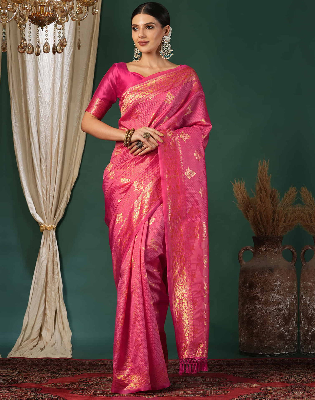 Pink Silk Blend Woven Banarasi Saree