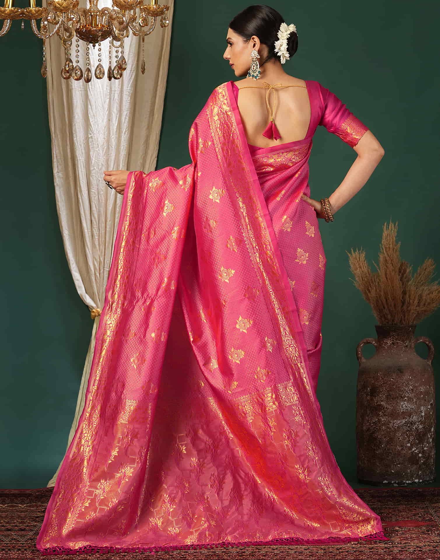 Pink Silk Blend Woven Banarasi Saree