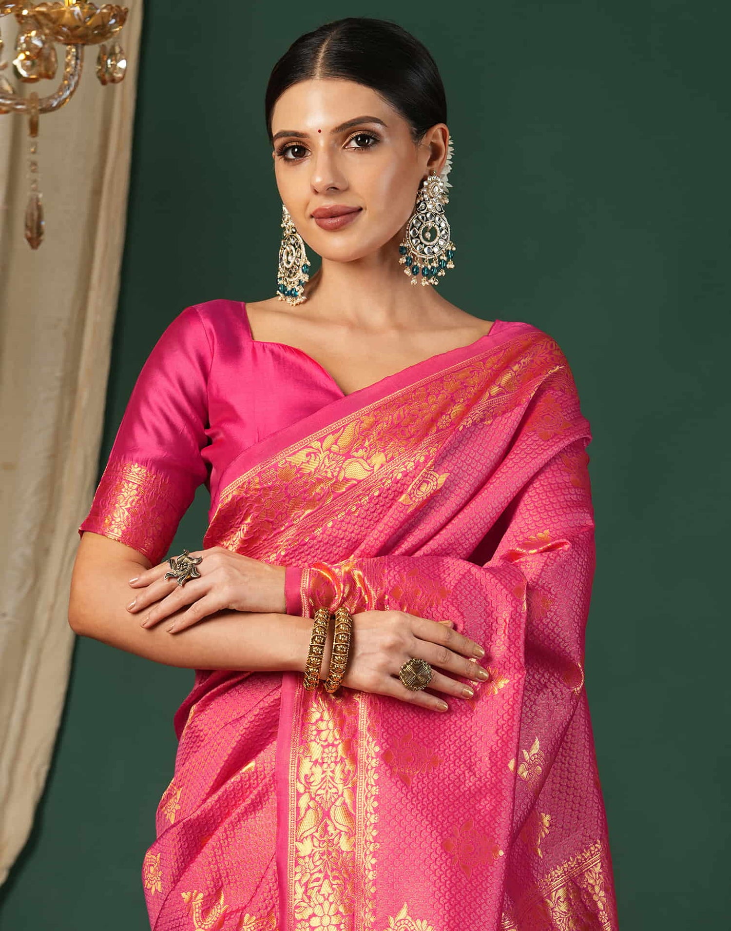 Pink Silk Blend Woven Banarasi Saree