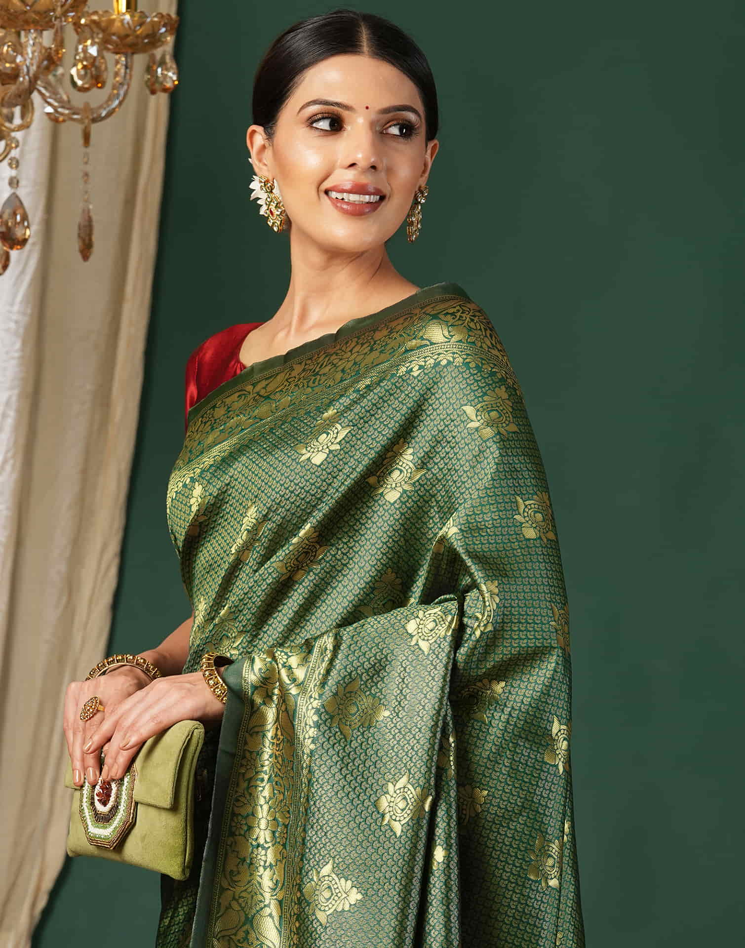 Green Silk Blend Woven Banarasi Saree