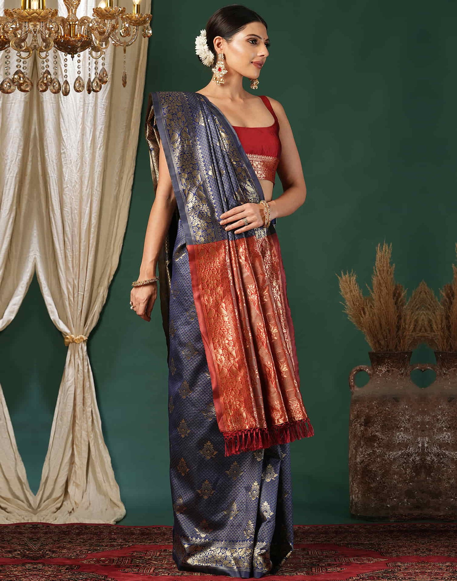 Blue Silk Blend Woven Banarasi Saree