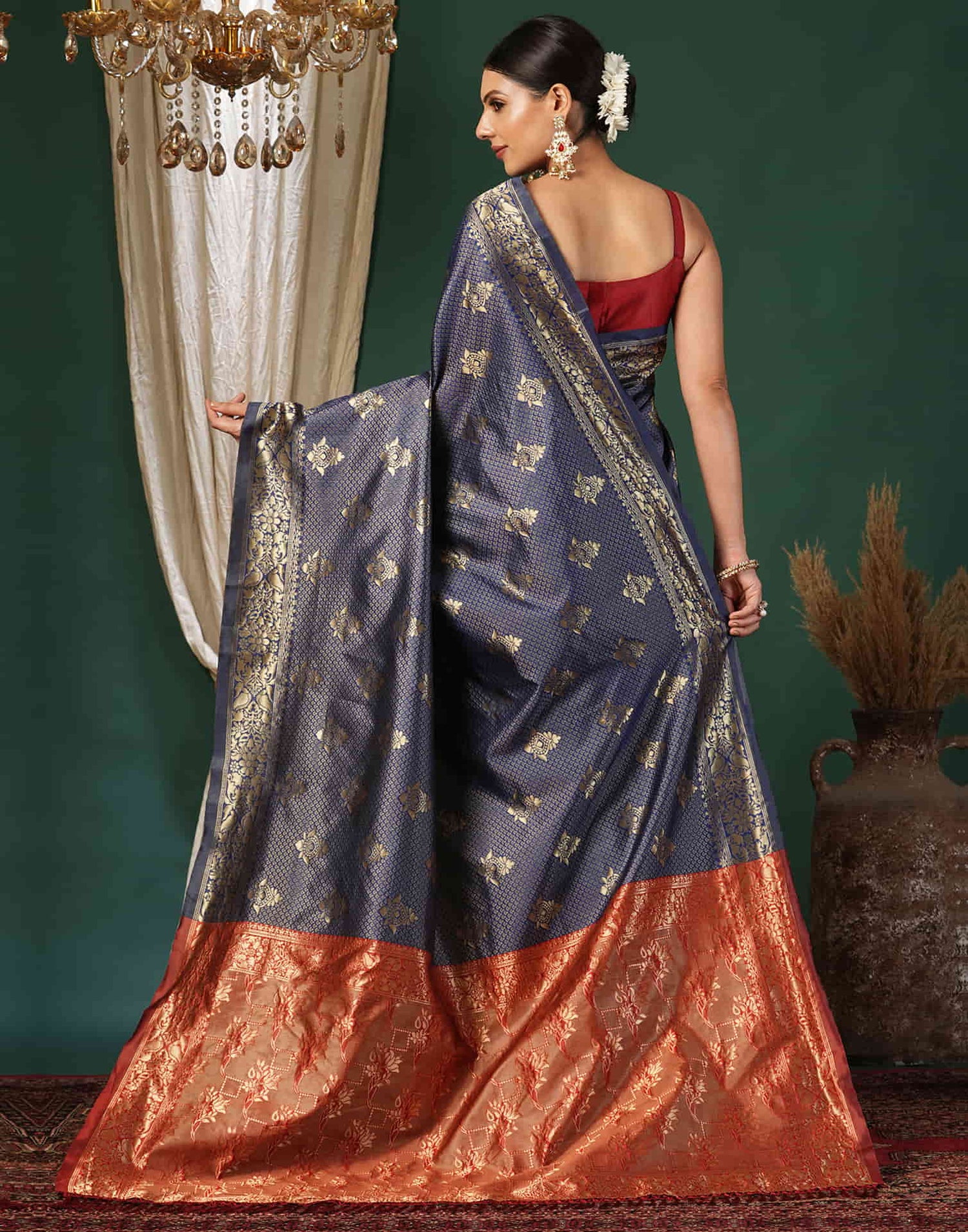 Blue Silk Blend Woven Banarasi Saree