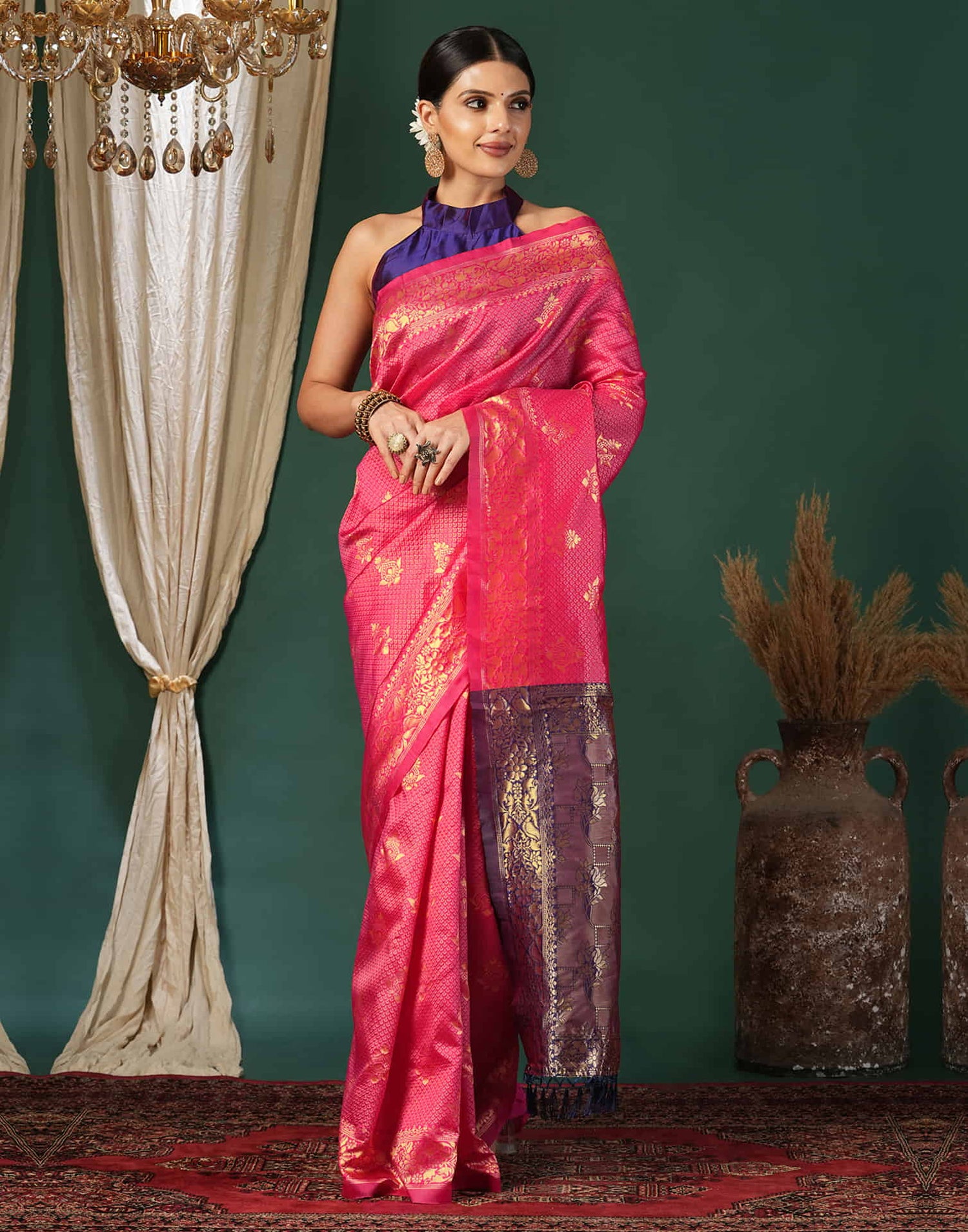 Pink Silk Blend Woven Banarasi Saree