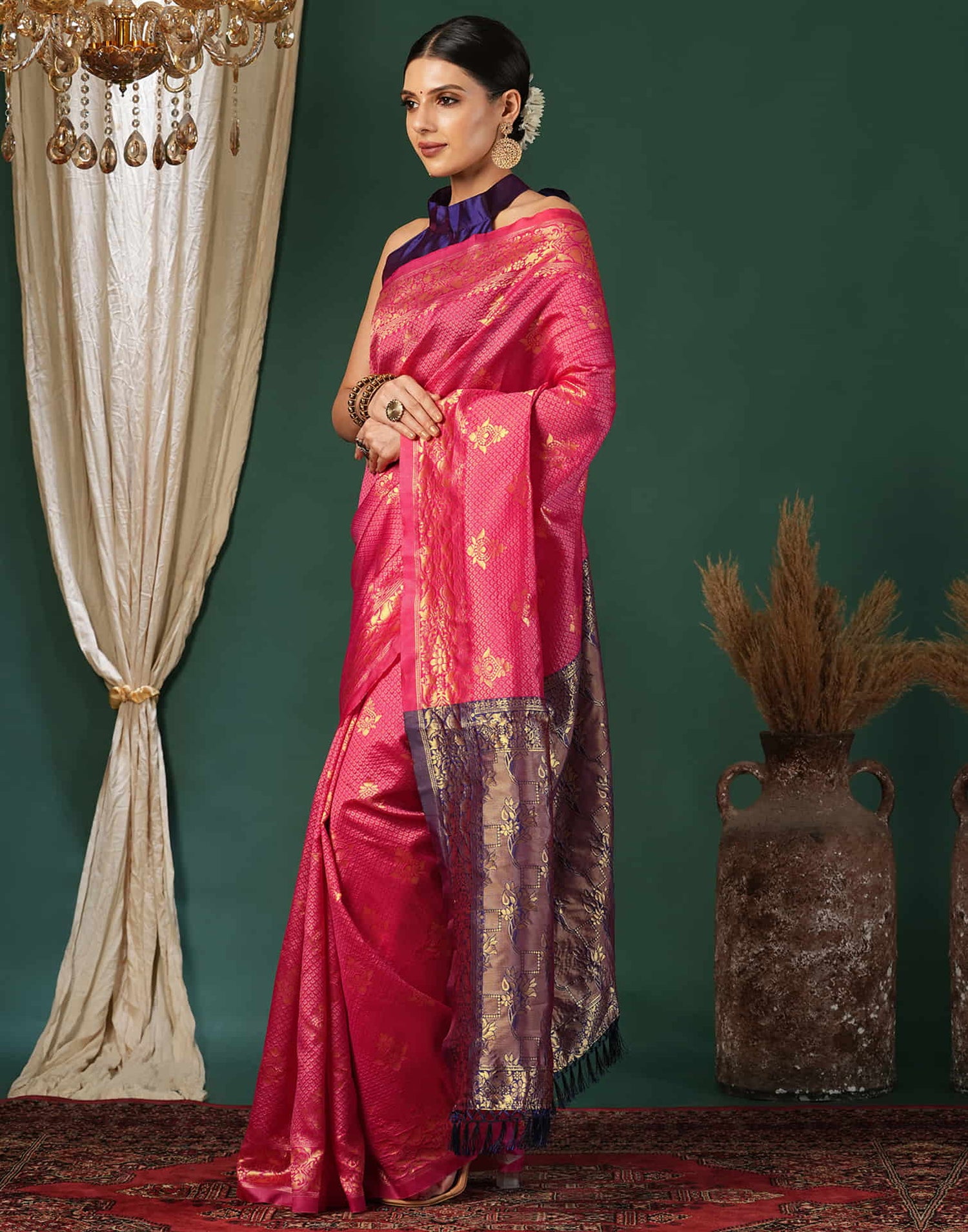 Pink Silk Blend Woven Banarasi Saree