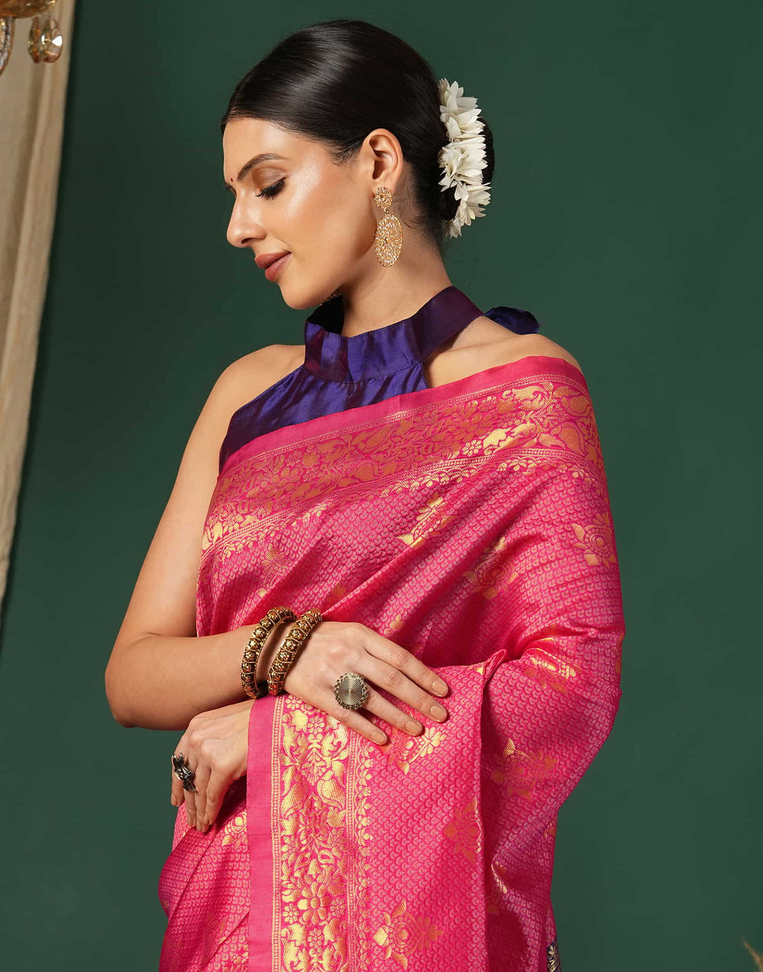 Pink Silk Blend Woven Banarasi Saree