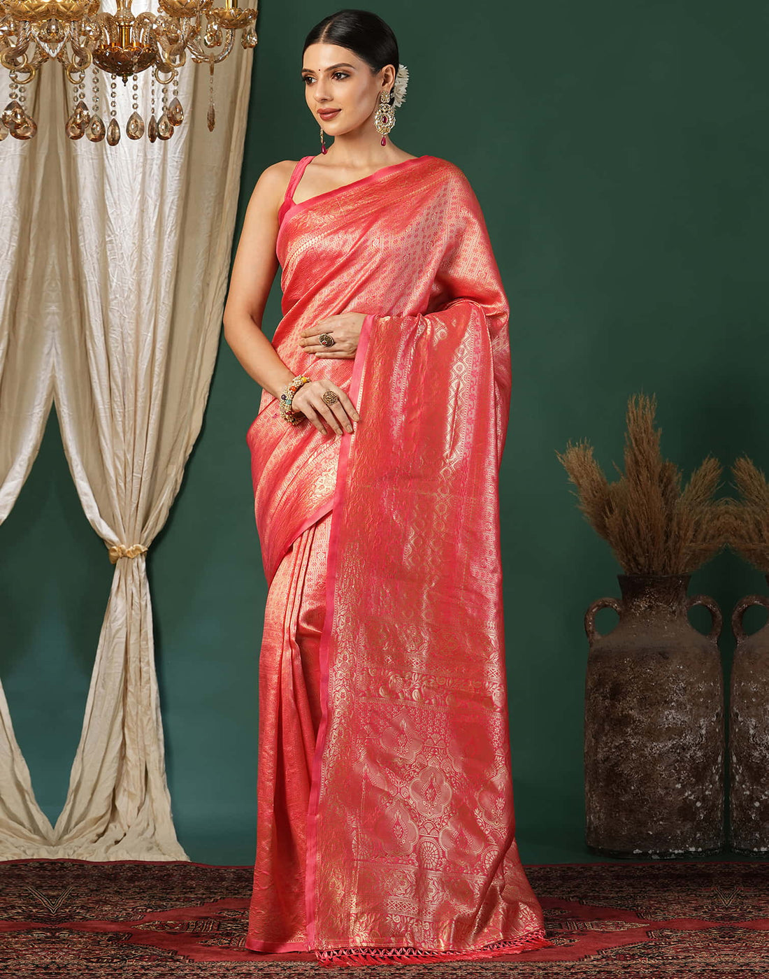 Red Silk Blend Woven Banarasi Saree