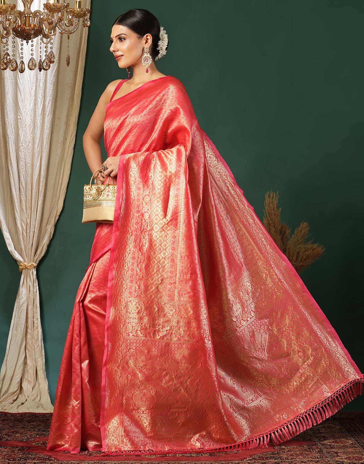 Red Silk Blend Woven Banarasi Saree