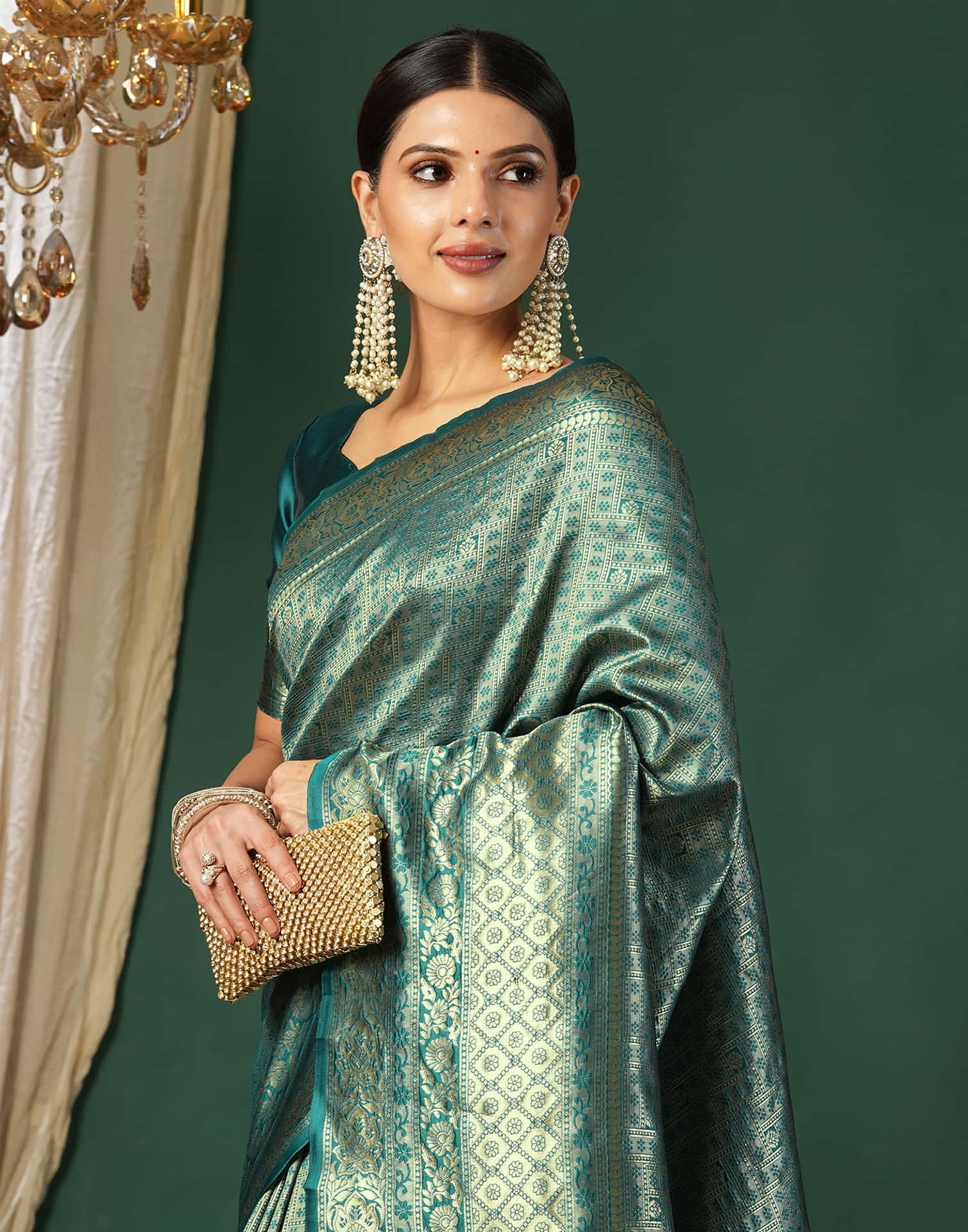 Green Silk Blend Woven Banarasi Saree