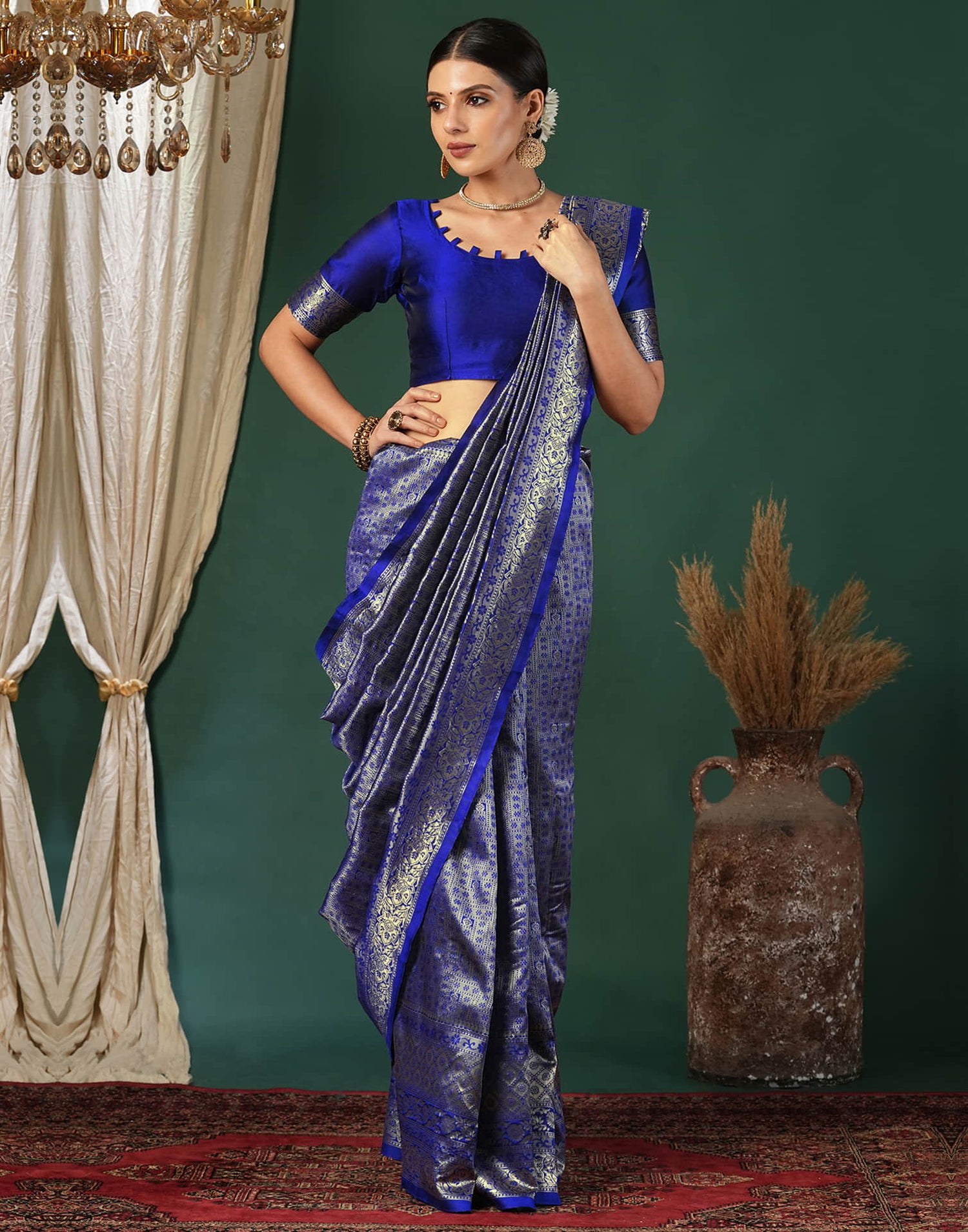 Blue Silk Blend Woven Banarasi Saree