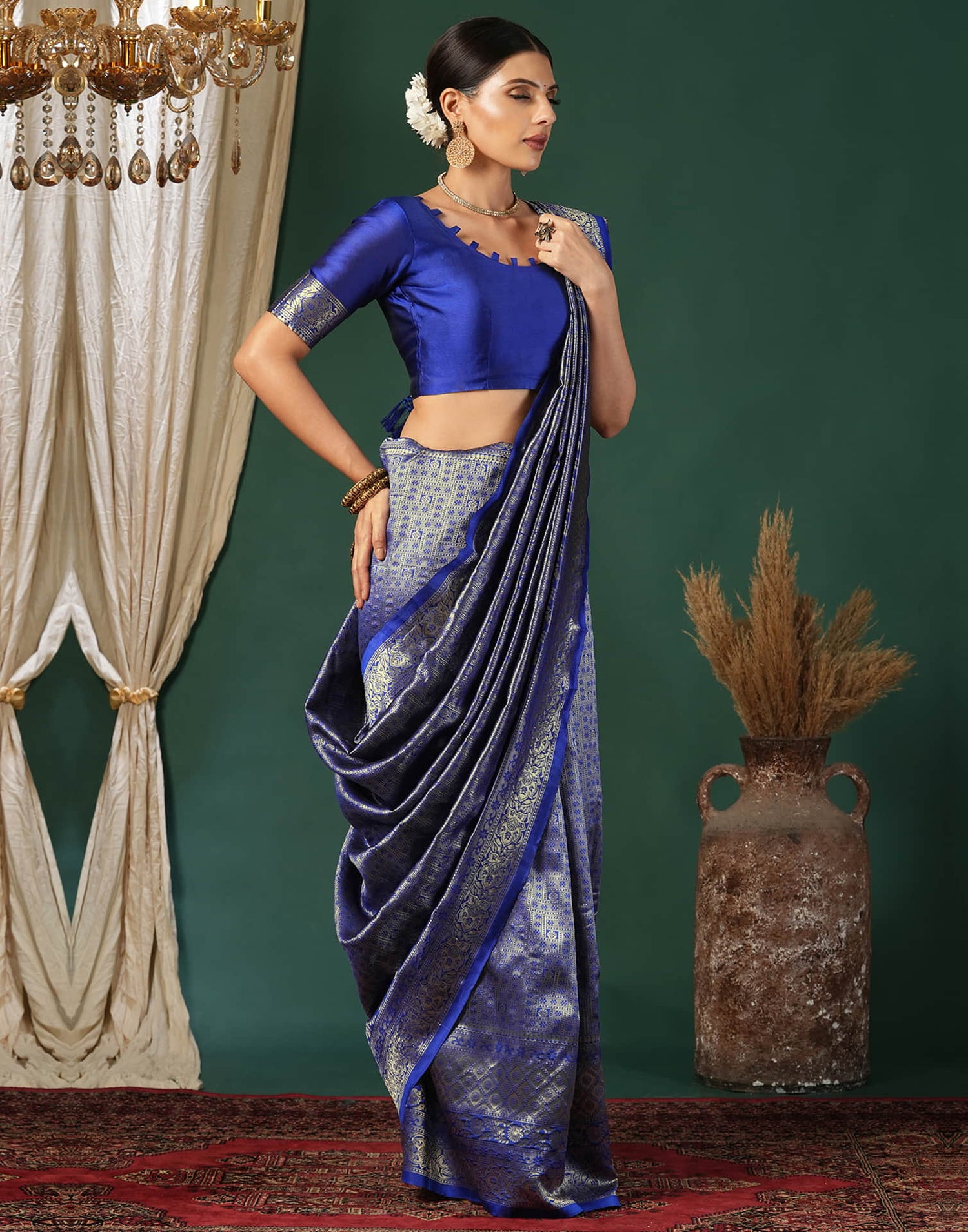 Blue Silk Blend Woven Banarasi Saree