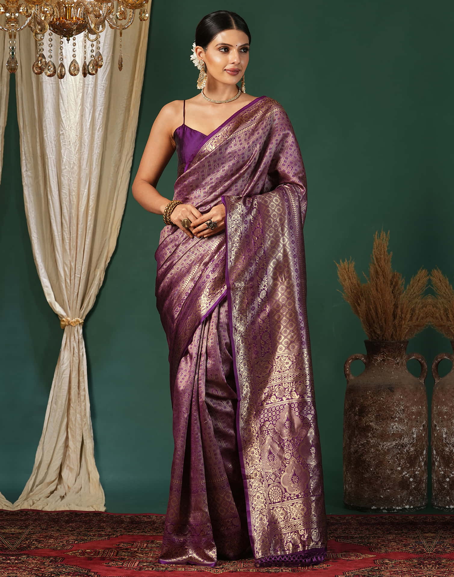 Purple Silk Blend Woven Banarasi Saree