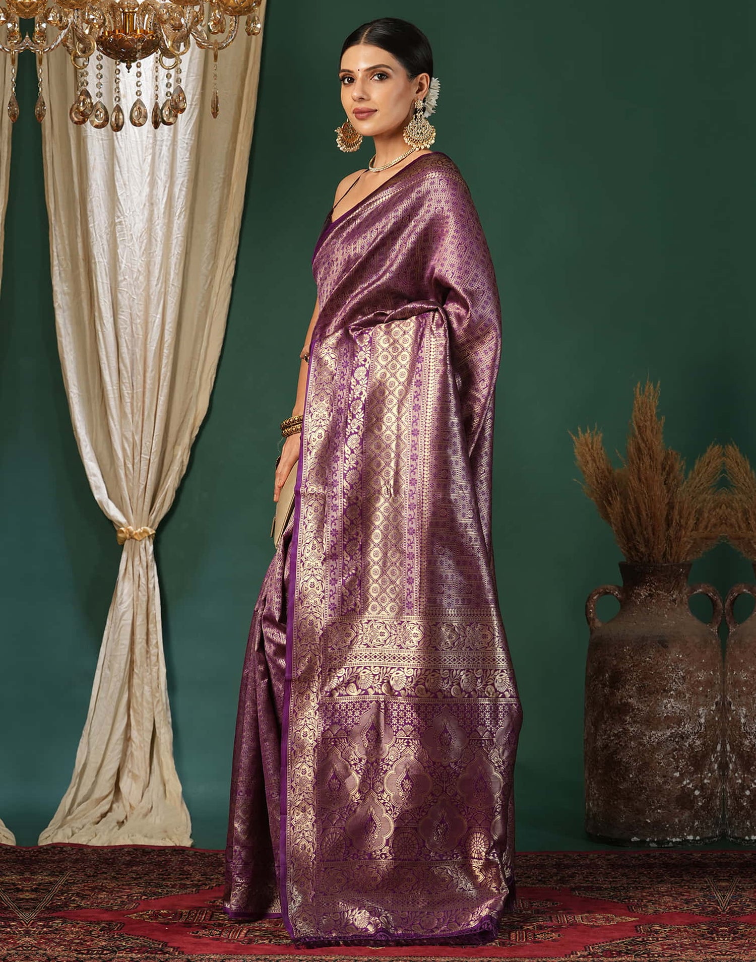 Purple Silk Blend Woven Banarasi Saree