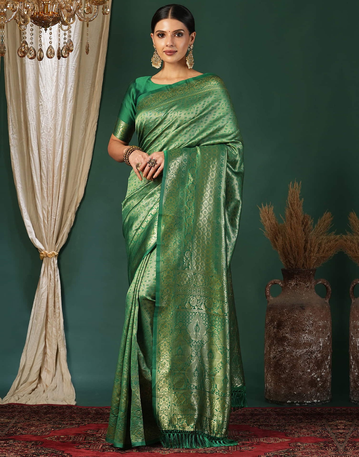 Green Silk Blend Woven Banarasi Saree