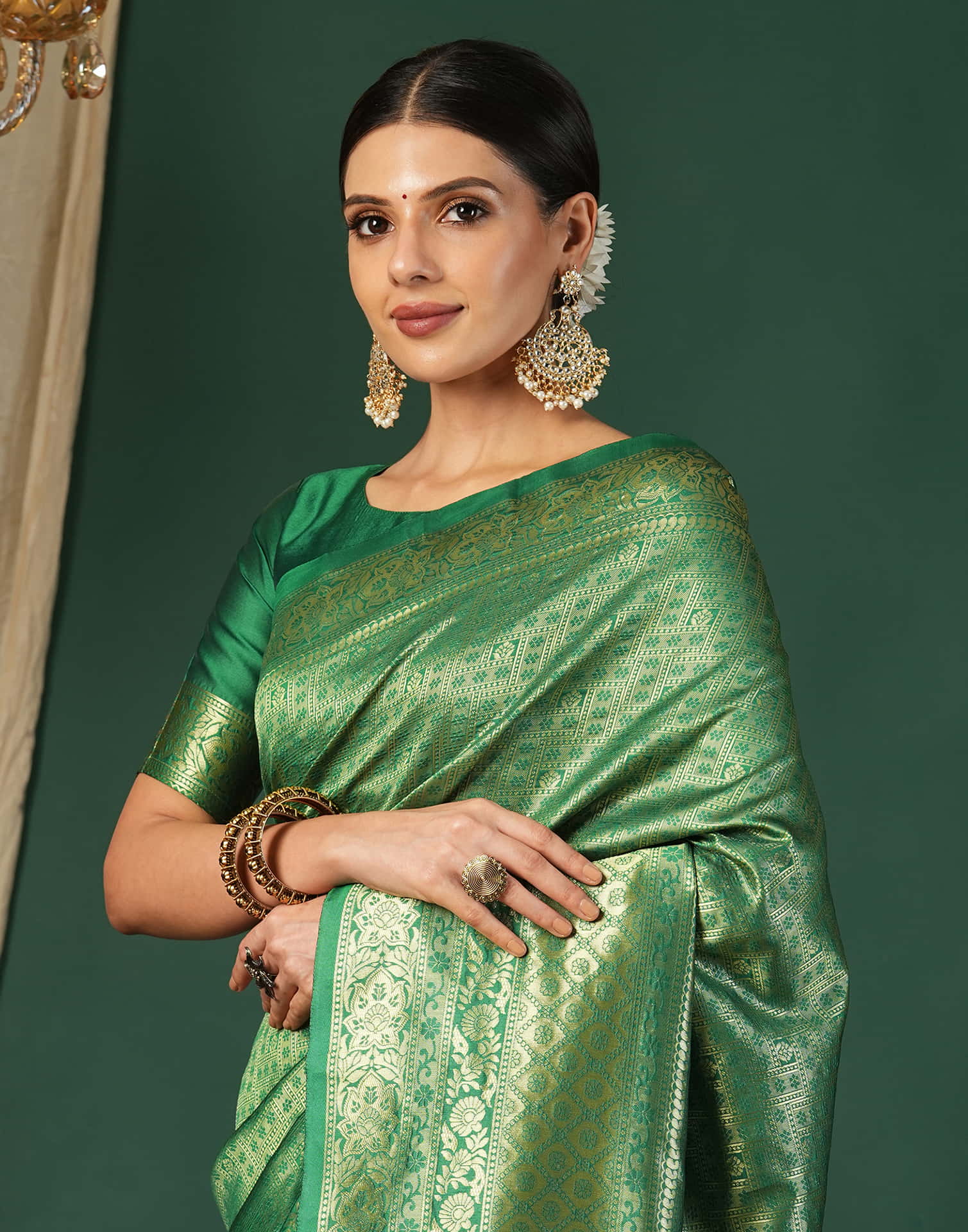 Green Silk Blend Woven Banarasi Saree