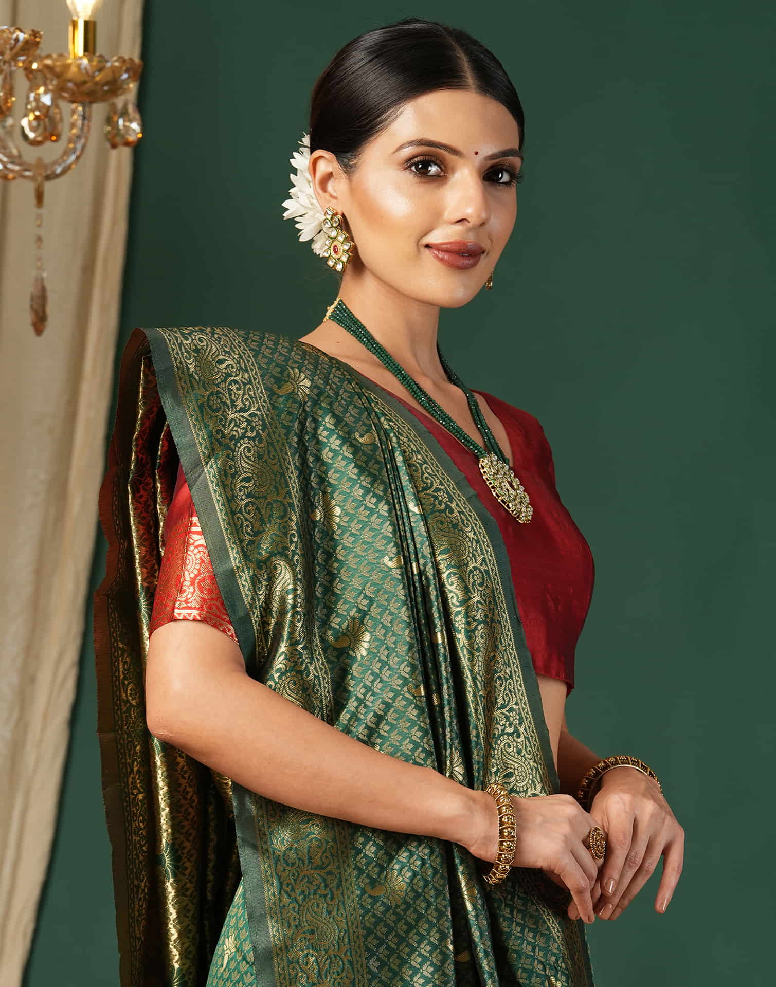 Green Silk Blend Woven Banarasi Saree