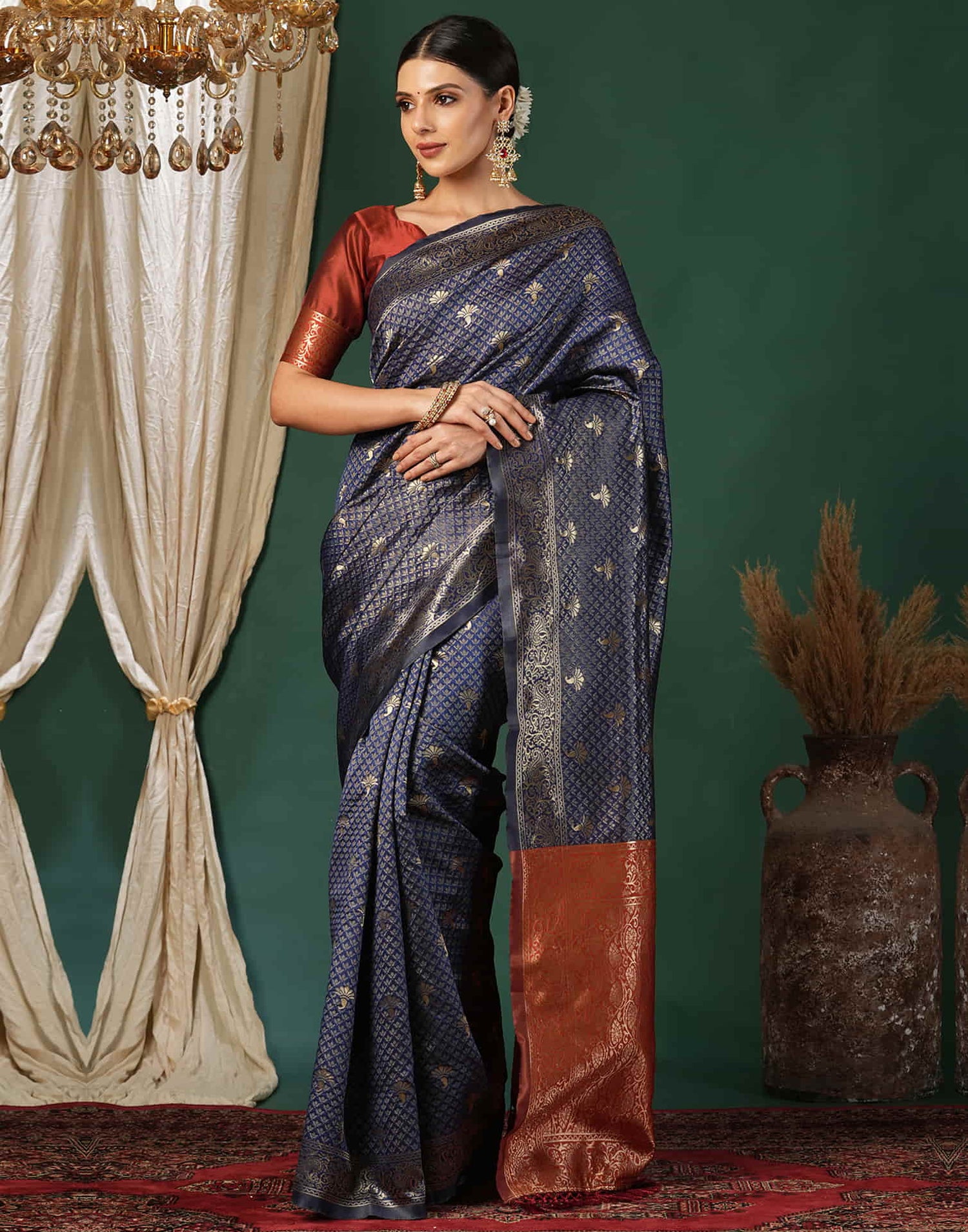 Blue Silk Blend Woven Banarasi Saree