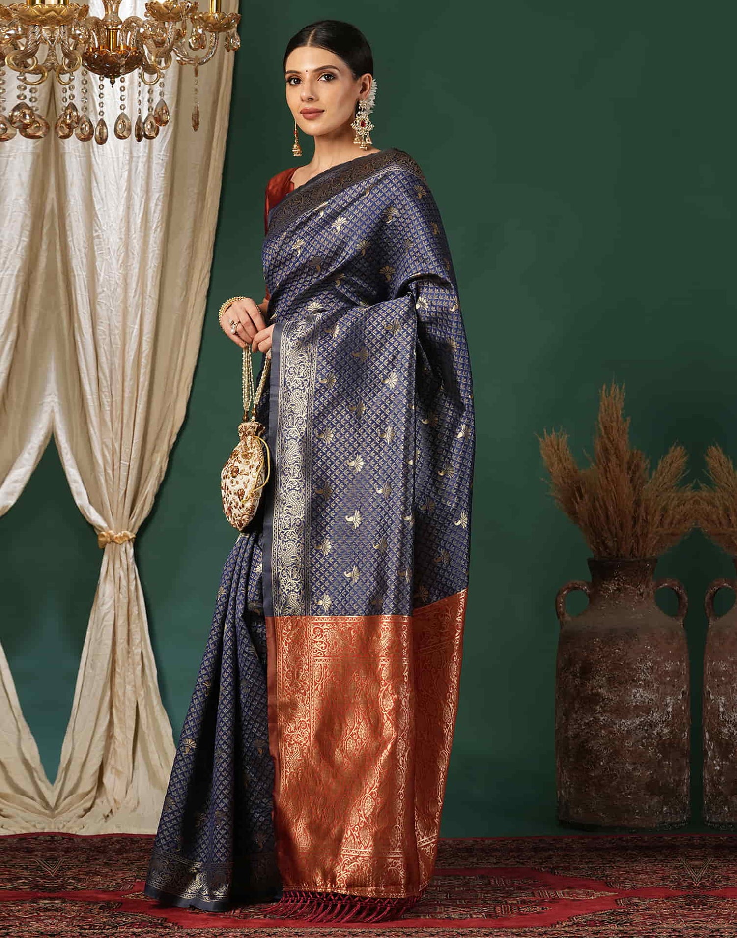 Blue Silk Blend Woven Banarasi Saree