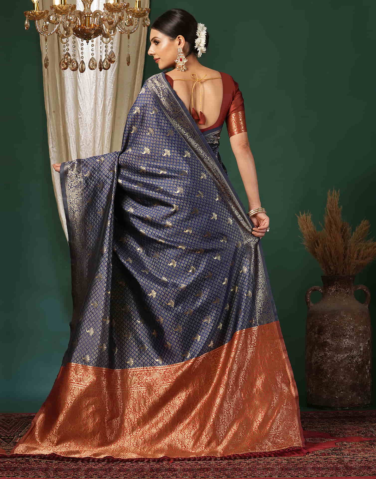 Dark Blue Silk Woven Banarasi Saree