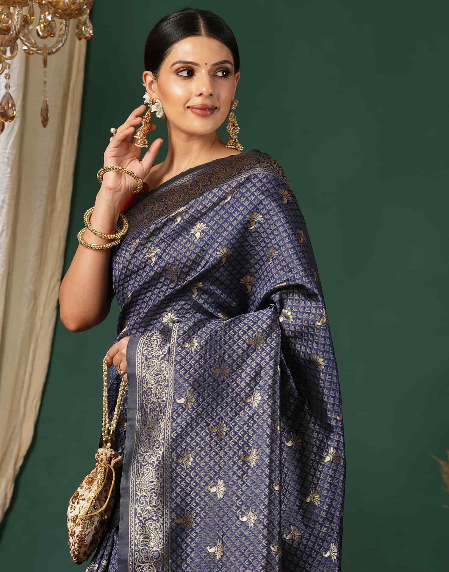 Blue Silk Blend Woven Banarasi Saree