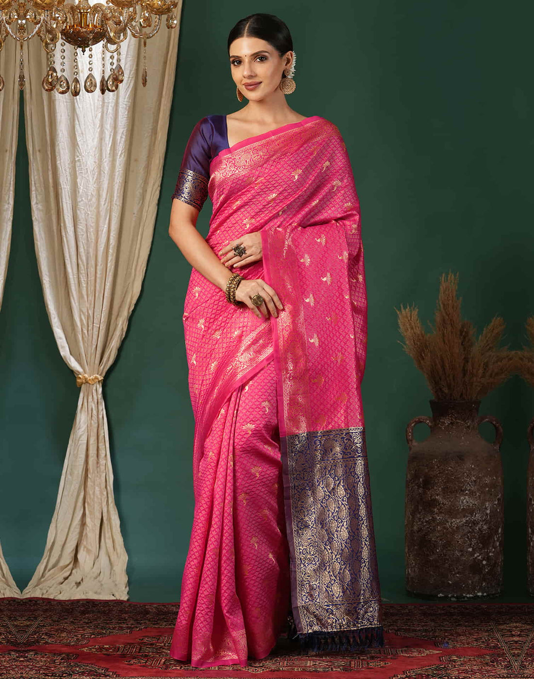 Pink Silk Blend Woven Banarasi Saree